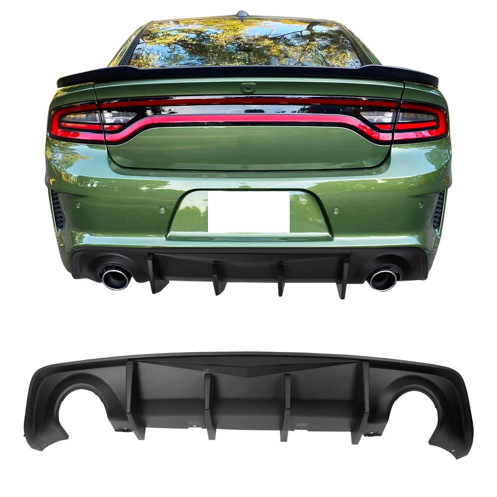 IKON MOTORSPORTS V2 Style Matte Black PP Rear Diffuser Bumper Lip with 4 Shark Fins for 2020-2023 Dodge Charger Widebody - Upgrade Your Car's Aerodynamics & Style for Street Racing & Show Cars