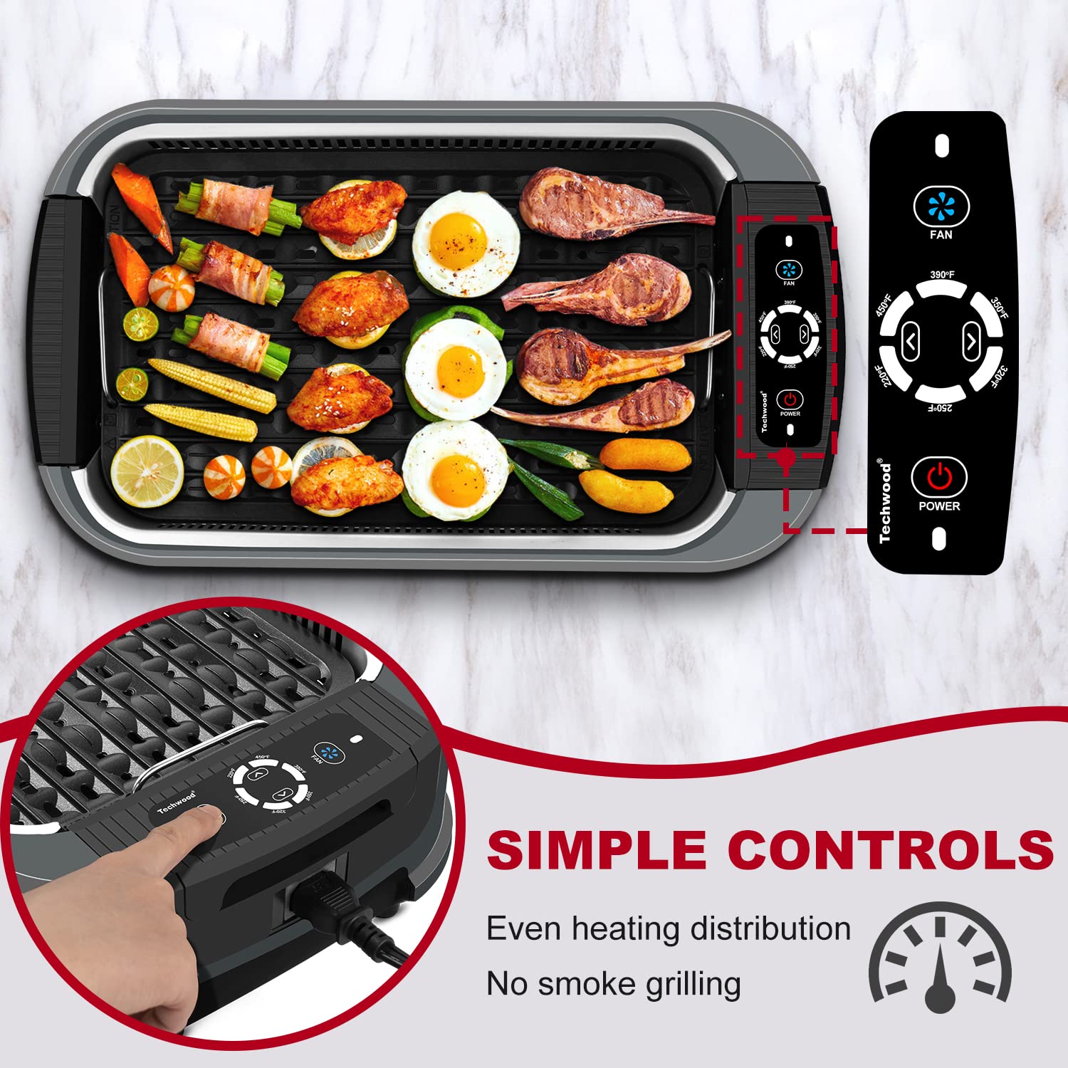 Techwood 1500W Electric Smokeless Indoor Grill - Korean BBQ Tabletop Grill with Tempered Glass Lid, Removable Grill & Griddle Plates, Drip Tray - Perfect for Home Cooking, Family Gatherings & Healthy Meals (Gray)