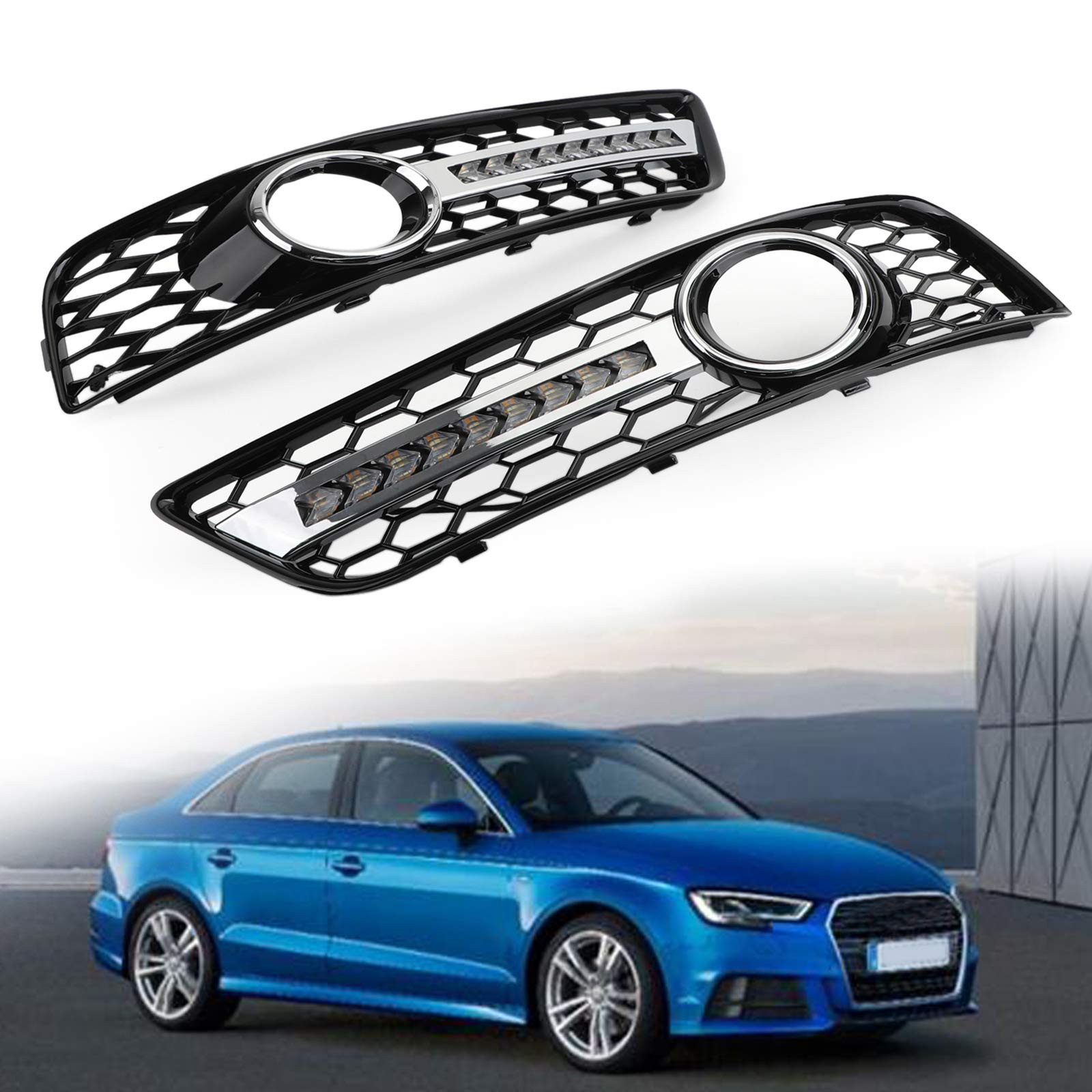 Artudatech Pair Black Chrome Front Fog Light Grill Lamp Trim for Audi A3 8P (2008-2013) - Durable Fog Light Covers for Enhanced Style & Protection, Perfect for Night Driving & Off-Road Adventures