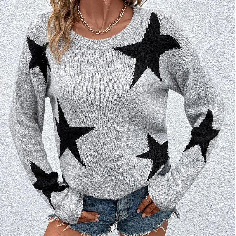 Women's Knitted Sweater Round Neck Star Jacquard Pullover - Cozy Winter & Fall Fashion for Women - Perfect for Casual Outings, Office Wear & Holiday Gatherings