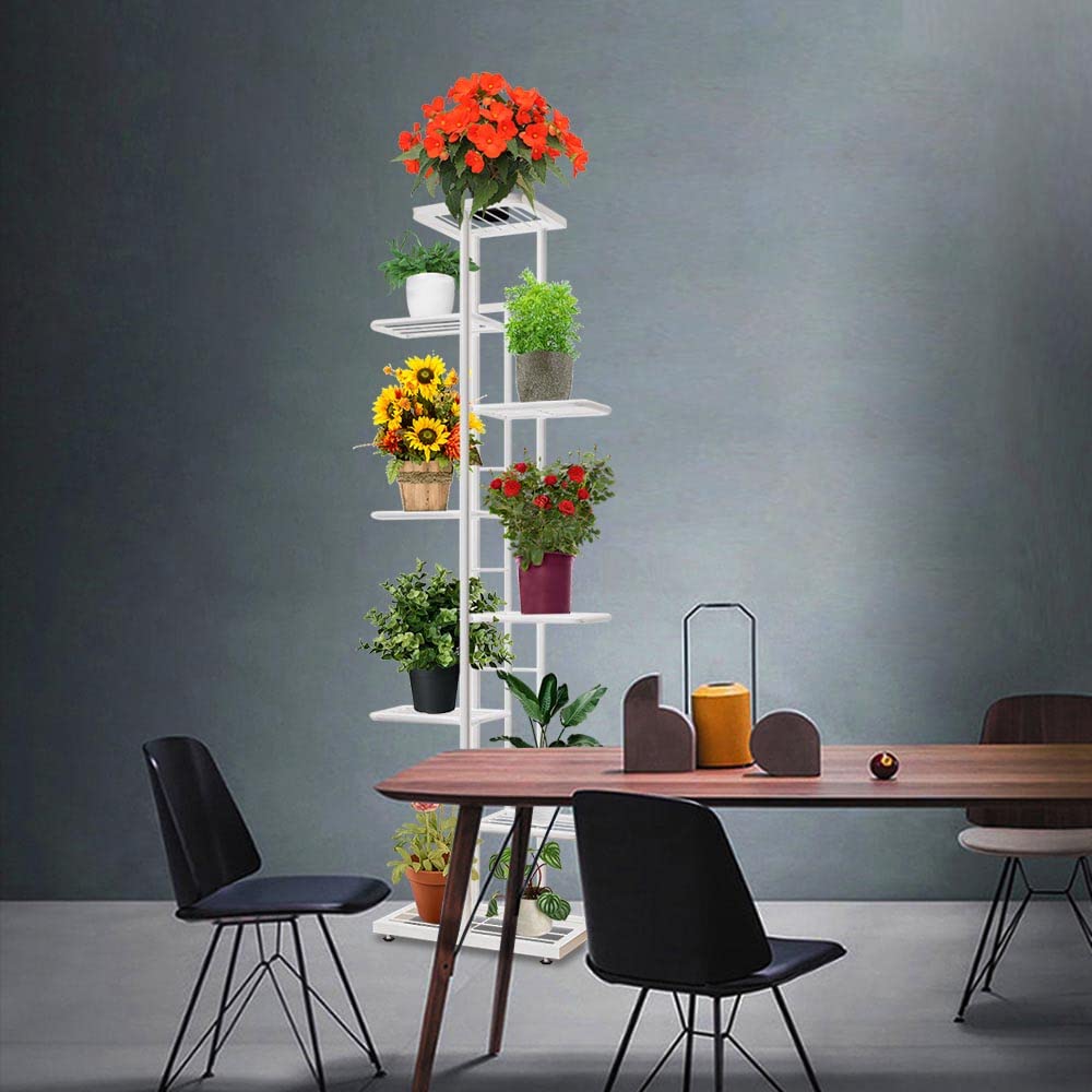 8-Tier Metal Plant Stand for Indoor & Outdoor Use - Sturdy Flower Pot Display Shelf for Garden, Patio, Balcony - White Planter Rack for Herbs, Succulents & Home Decor