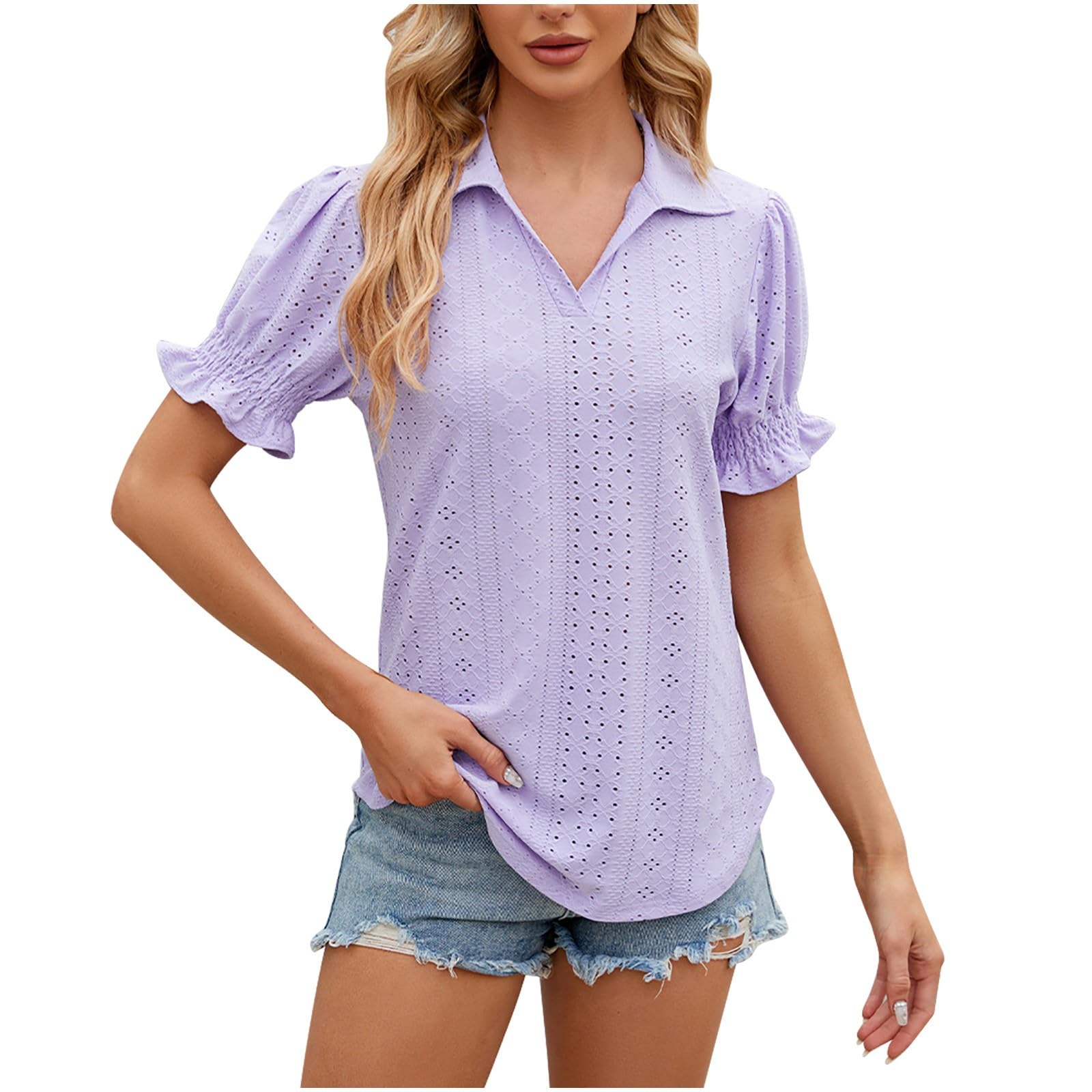 Women's Casual Short Sleeve V-Neck Tee - Summer Ruffle Blouse for Outing