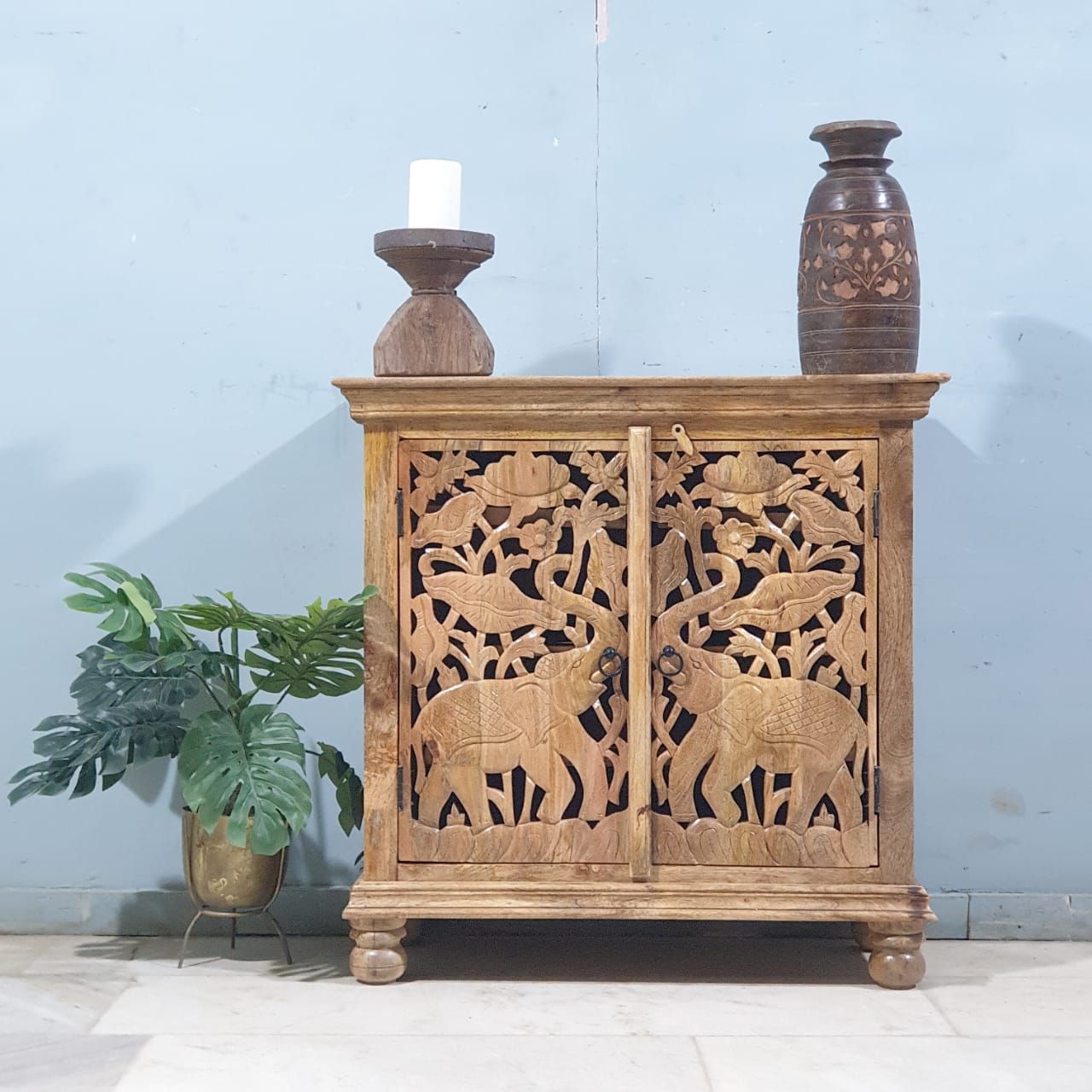 Handcrafted Elephant Carved Solid Wood Buffet Cabinet - 35.4x15.7x35.4 Inches Brown - Perfect for Dining Room Storage & Rustic Home Decor
