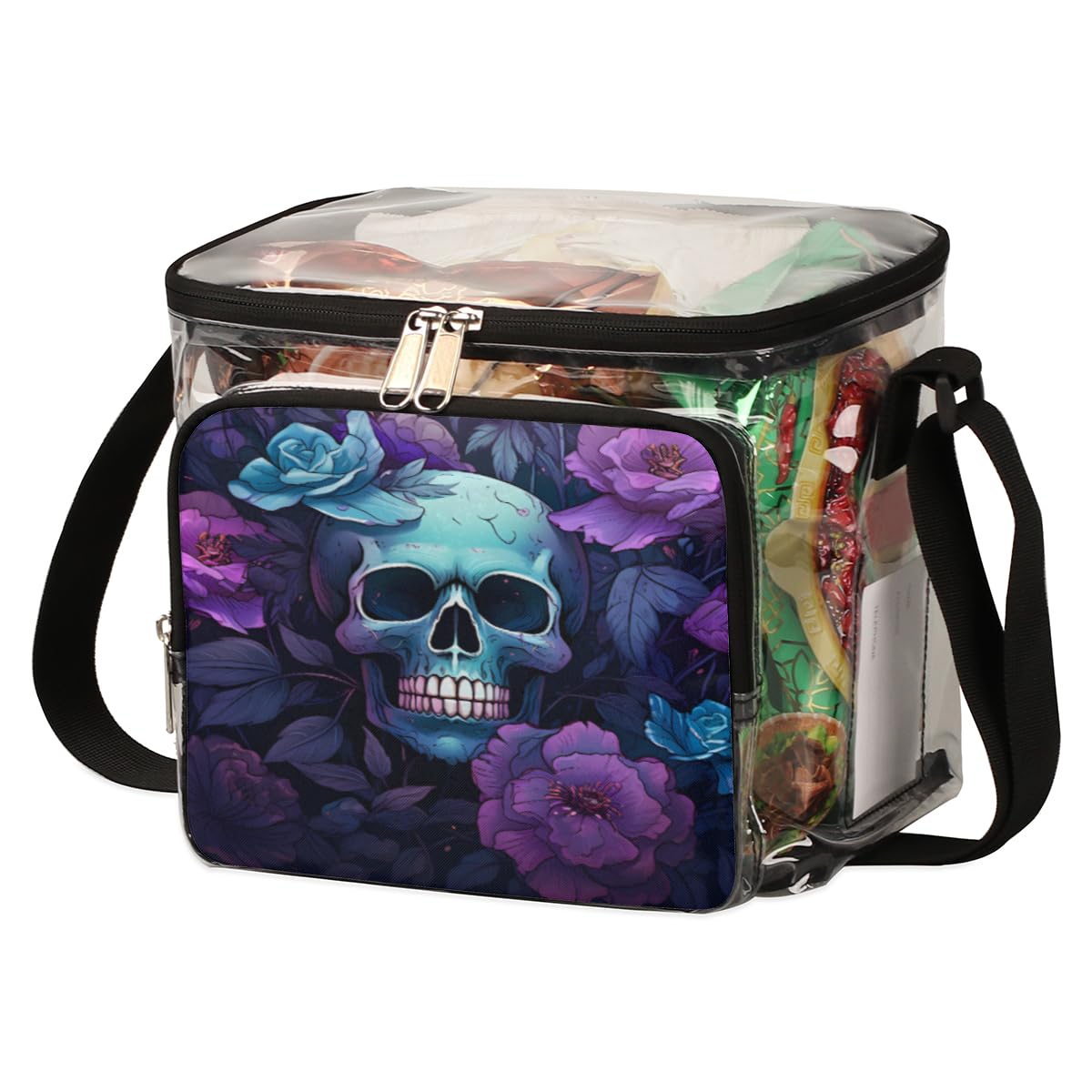 Skull Floral Transparent Tote Bag with Handles - Clear Crossbody Shoulder Bag for Lunch, Travel & Outdoor Activities | Perfect for Picnics, Concerts, Sports Events & Stadium Approved | Fashionable Sugar Skull Design