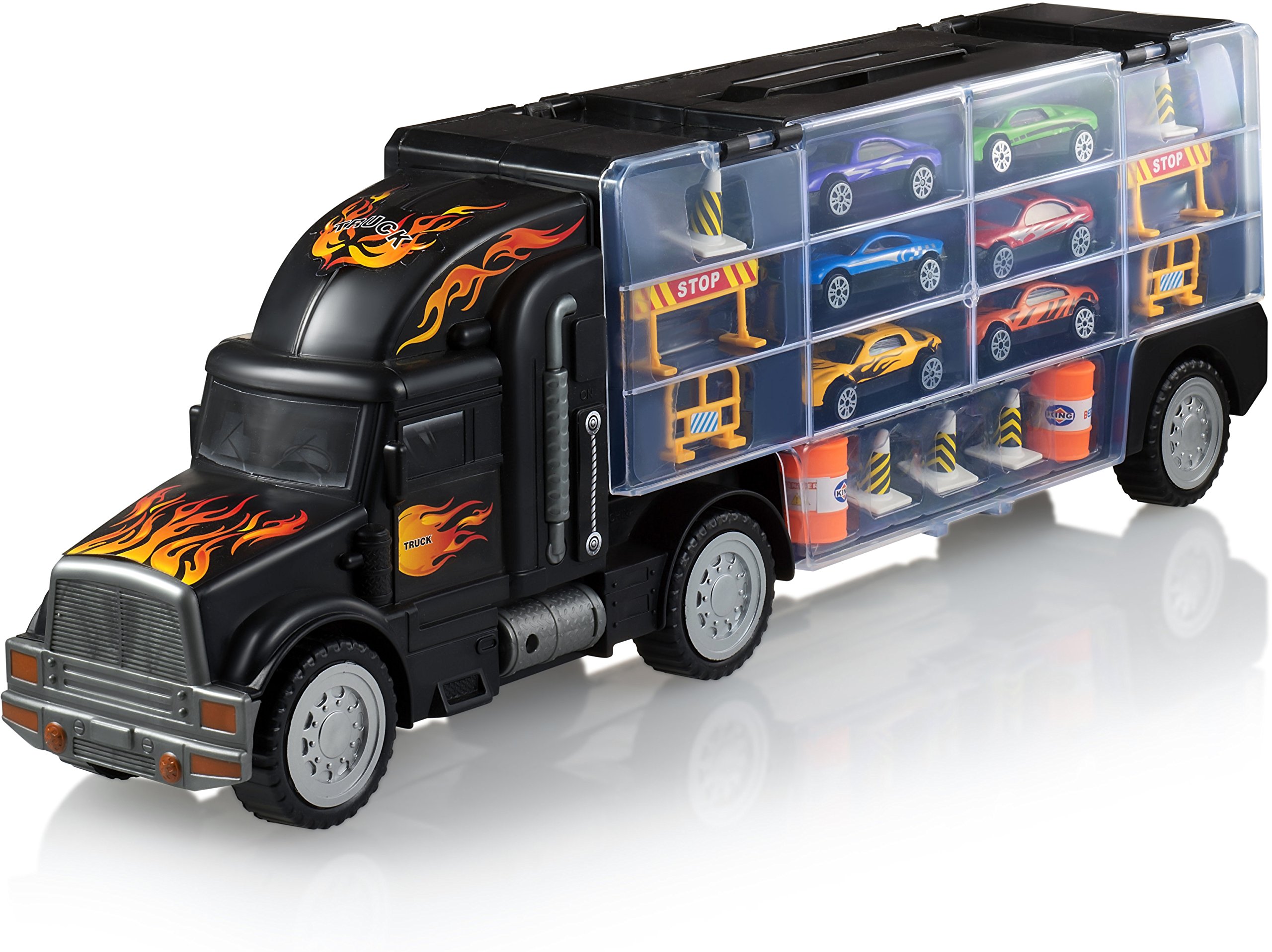 Play22 17-in-1 Semi Truck Toy Set with 6 Cars & 11 Accessories - Best Gift for Boys Ages 3-5 | Durable Transport Carrier for Kids, Perfect for Birthday Gifts & Pretend Play Scenarios