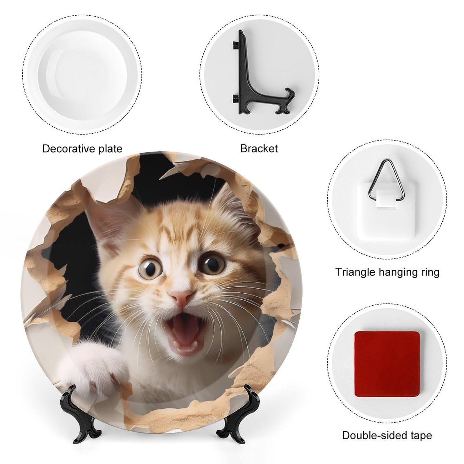 Cat in The Hole Ceramic Decorative Plates - Elegant Display Ornaments & Dinner Plates with Stand for Kitchen & Home Decor - Perfect for Dining, Gift Giving, and Wall Display