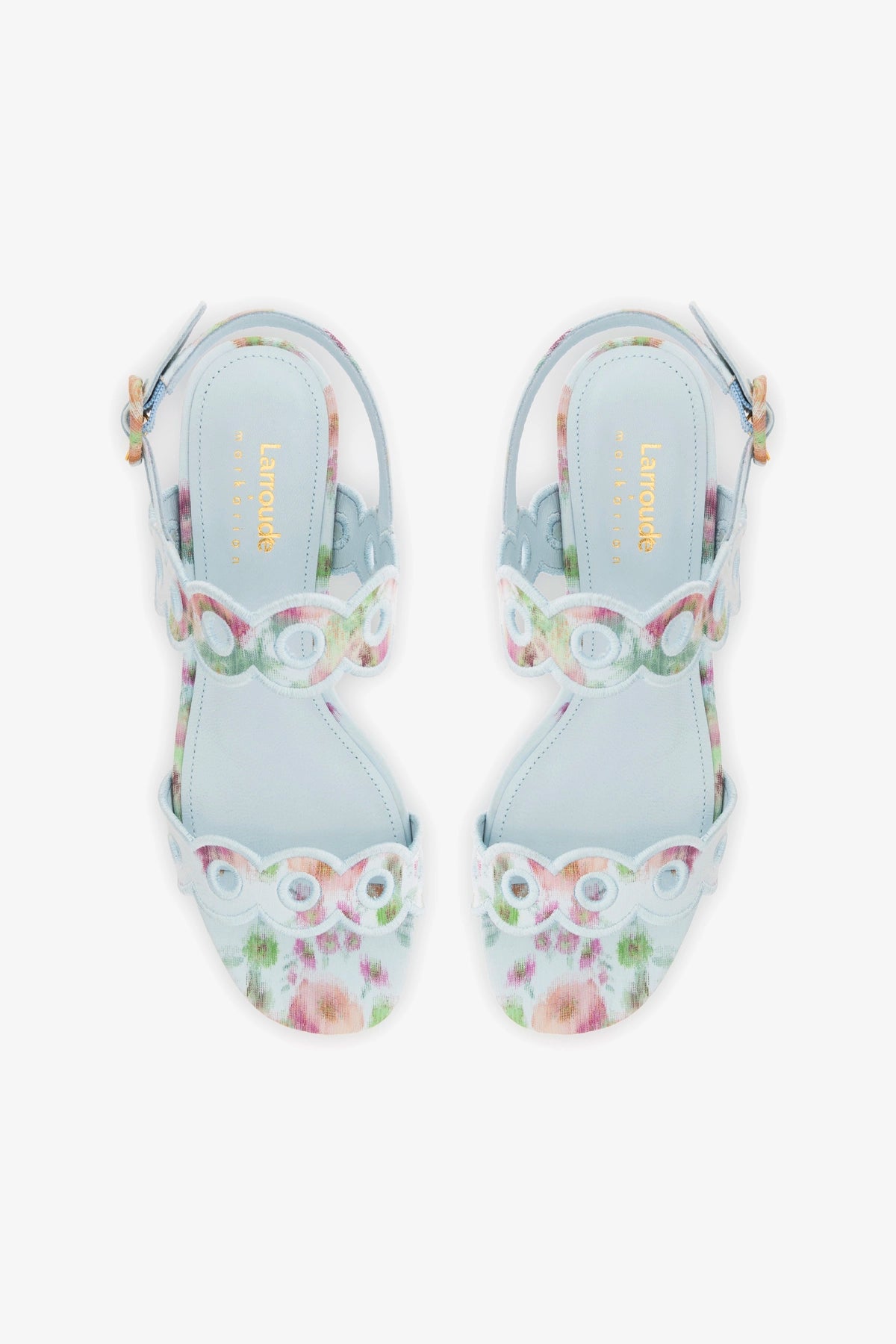 Larroudé x Markarian Florence Embroidered Apple Blue Floral Ikat Heels - Elegant Women's Dress Shoes for Weddings & Special Occasions