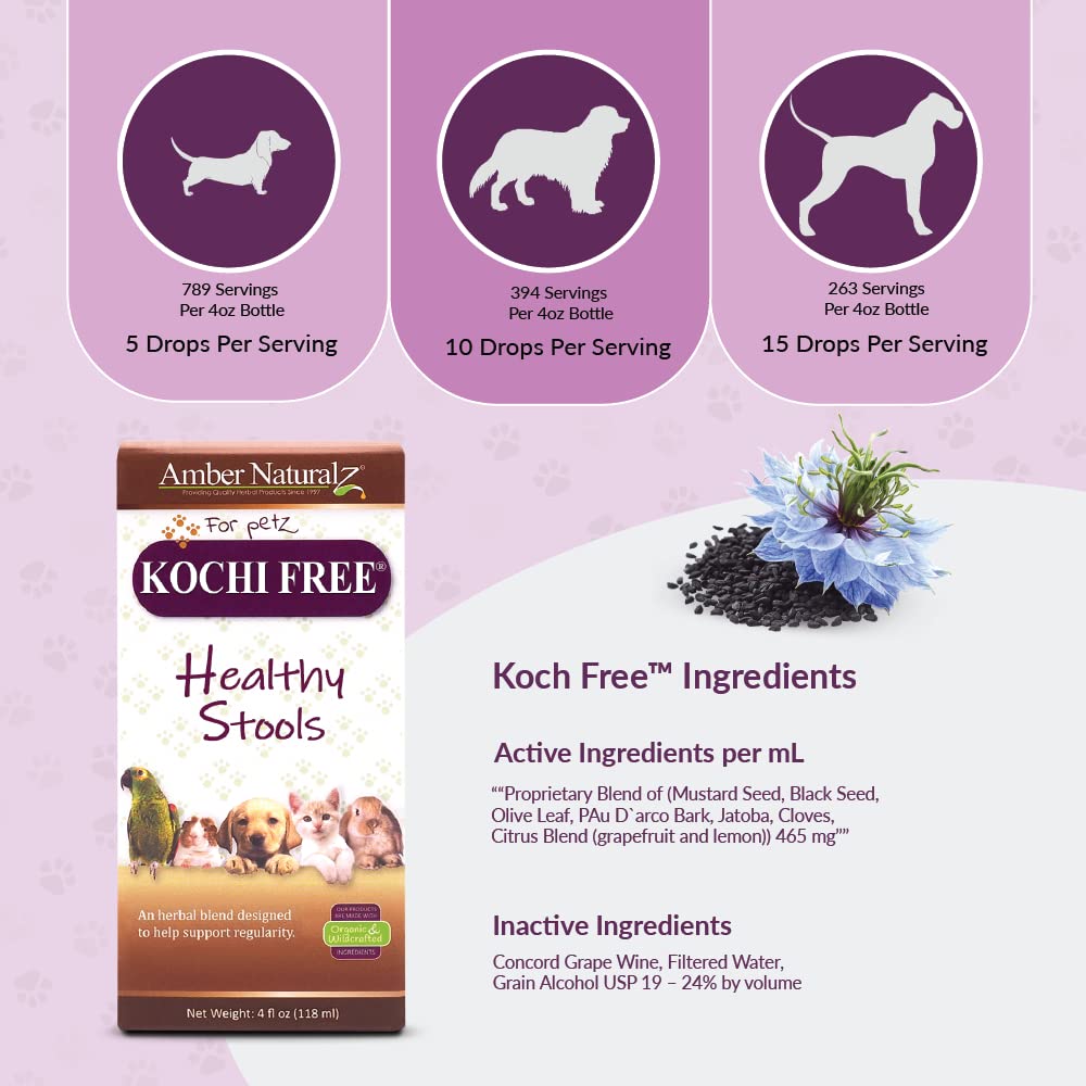 AMBER NATURALZ Kochi Free Herbal Pet Supplement for Dogs, Cats, Birds, Guinea Pigs & Rabbits | Natural Digestive Support for Healthy Stool | 4oz Glass Bottle | Made in USA | Supports Digestive Health for Small Pets at Home or Travel