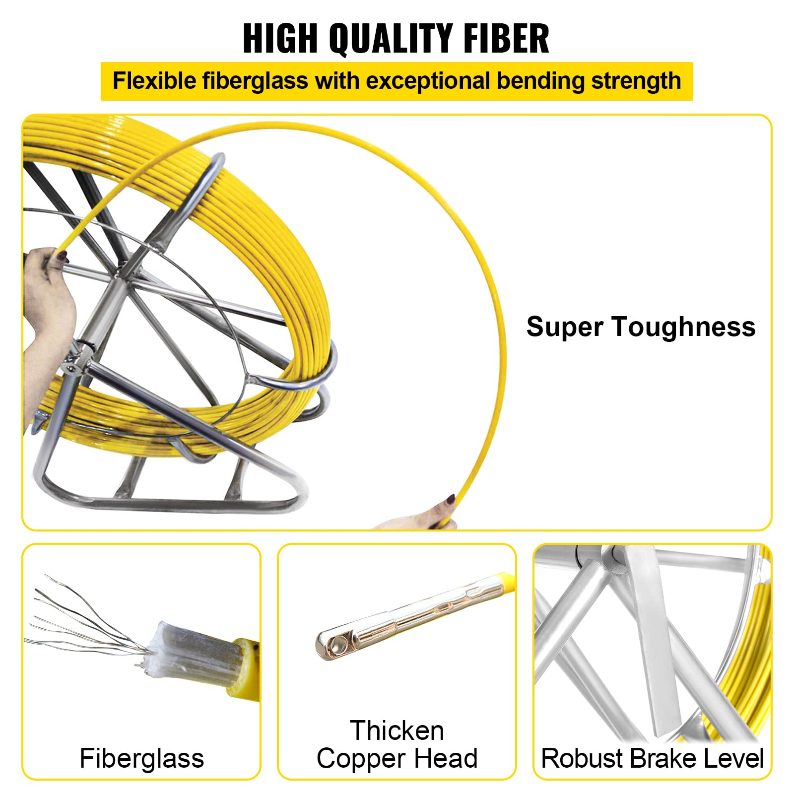 Happybuy 6MM Fiberglass Fish Tape - Electrical Wire Pulling Tool for Conduit & Cable Installation - Ideal for Electricians, DIY Home Wiring & Construction Projects
