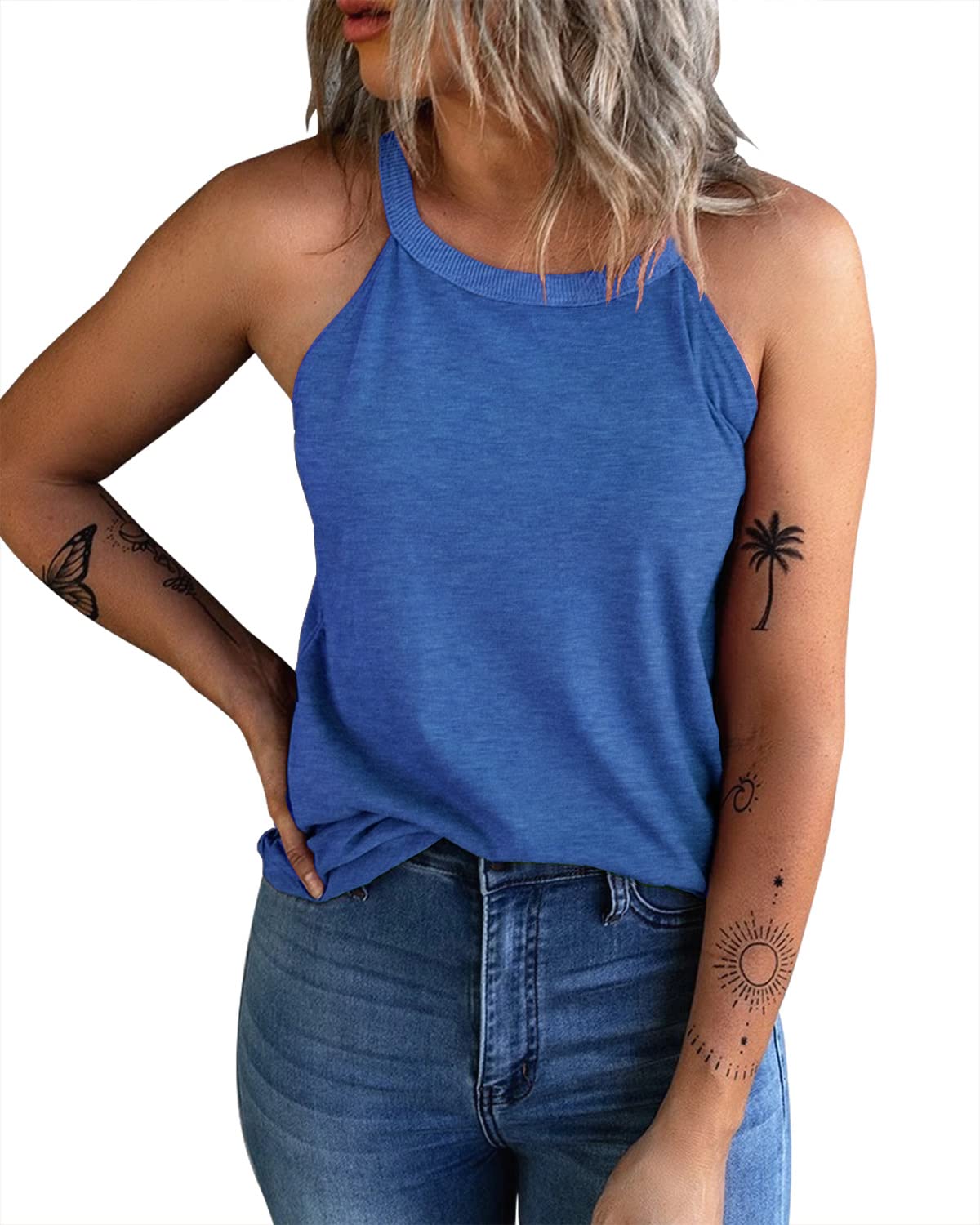 KINLONSAIR Women's Summer Sleeveless Halter Tee Shirts - Breathable Crew Neck Workout Tank Tops, Casual Plain Cami Shirts for Gym, Yoga, Running & Everyday Wear