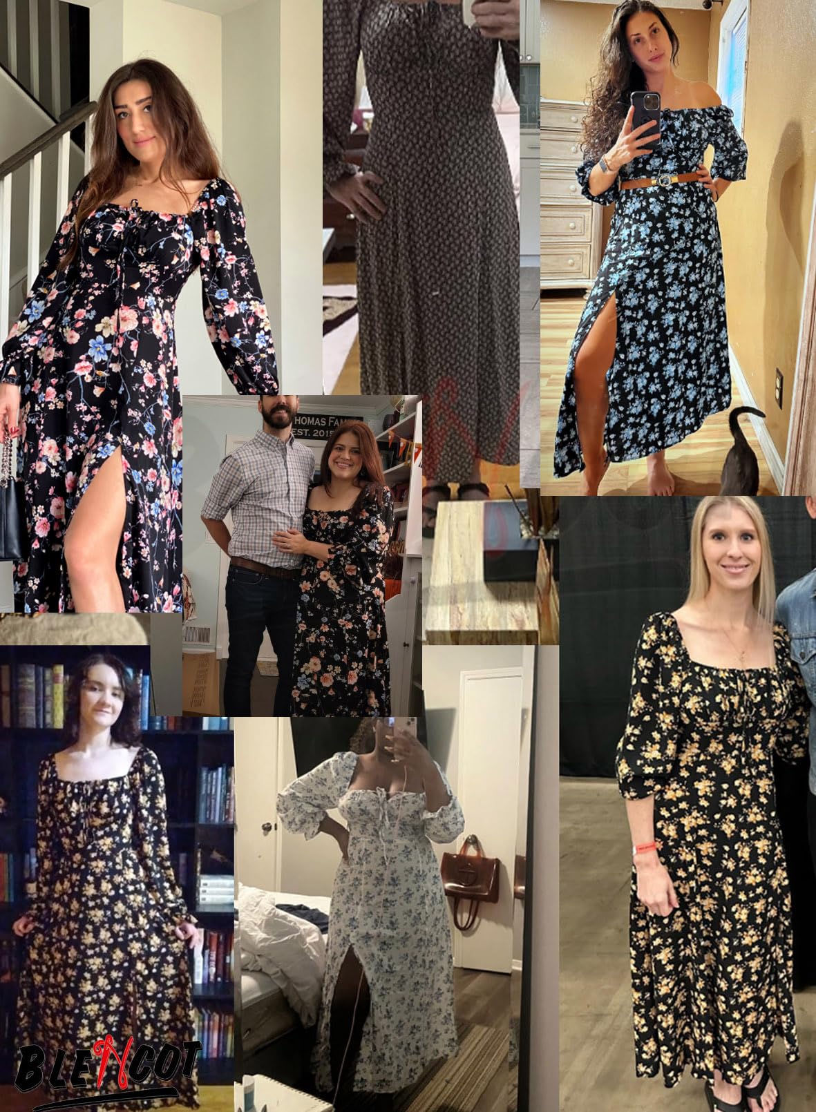 BLENCOT Women's Floral Print Puff Sleeve Maxi Dress - Sexy Square Neck Tie Front Ruffle Hem Split A-Line Summer Beach Dress for Vacation, Party & Date Night
