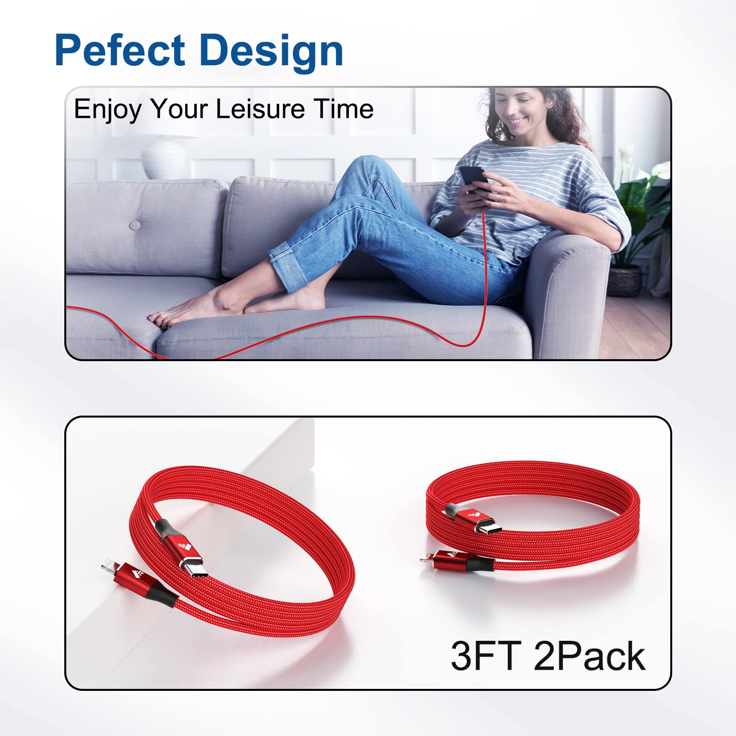 Aiminu 2 Pack 1ft USB C to iPhone Cable & 2 Pack 3ft USB C to Lightning Cable Fast Charging Compatible with iPhone 13 12 11 Pro Max XS XR X 8 7 6S 6 Plus SE, iPad Air Mini - Perfect for Home, Office, Car Charging (White/Red)