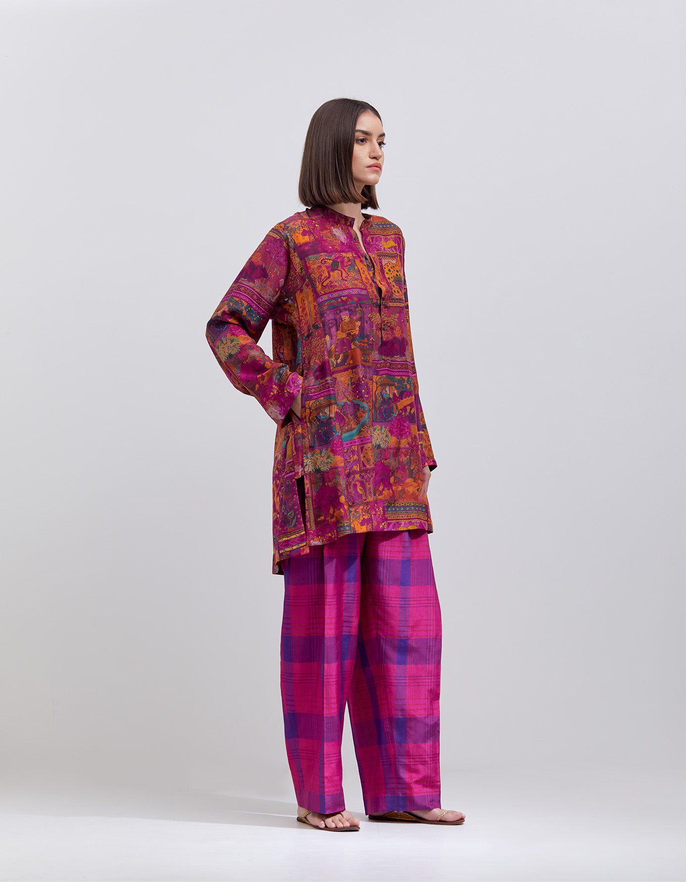 6-Pleat Silk Dupion Check Trousers in Purple - Elegant Office Wear & Formal Occasions