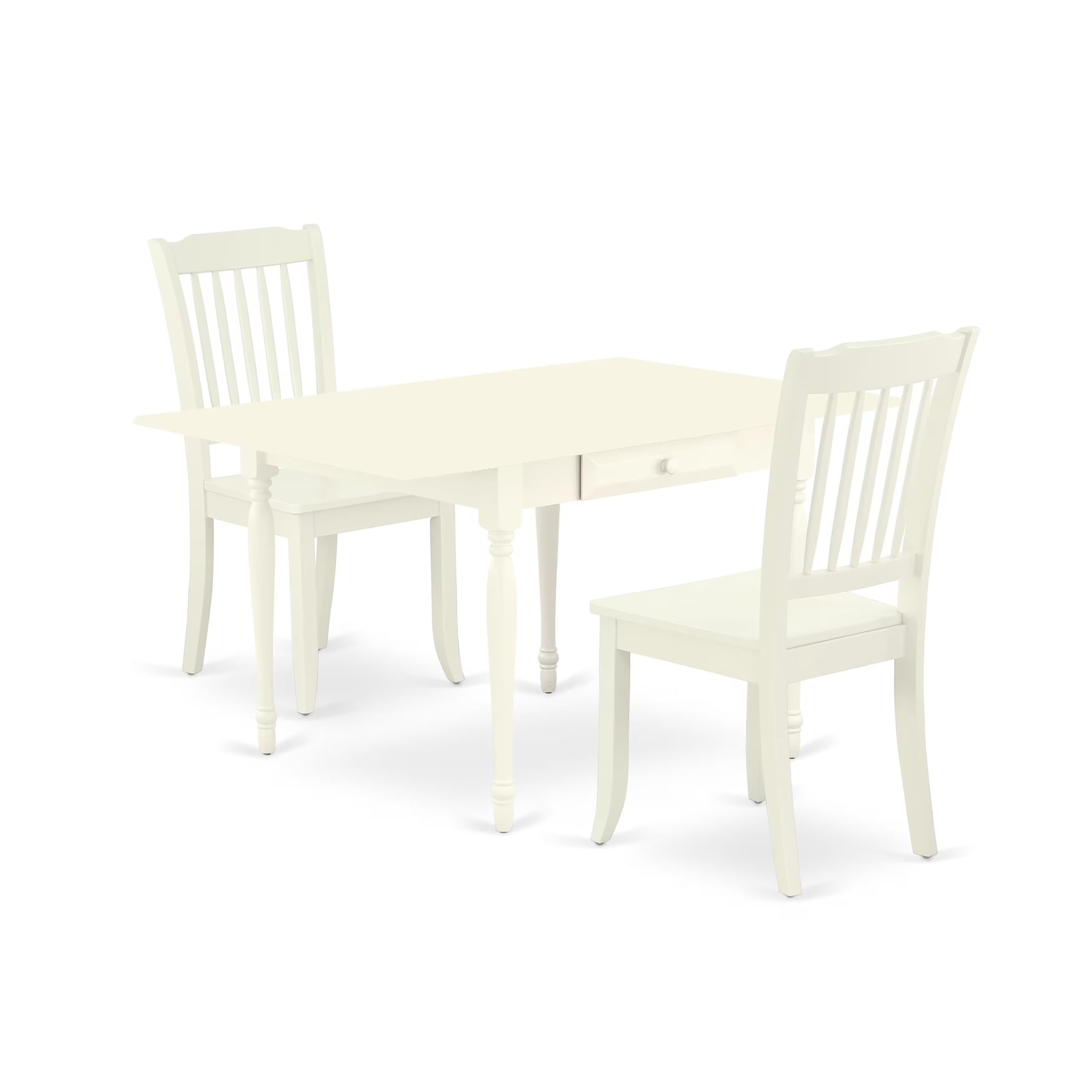 East West Furniture 3 Piece Dining Room Set - 36x54 Inch Rectangle Kitchen Table with Drop Leaf & 2 Chairs, Linen White - Perfect for Small Spaces, Breakfast Nooks & Cozy Apartments