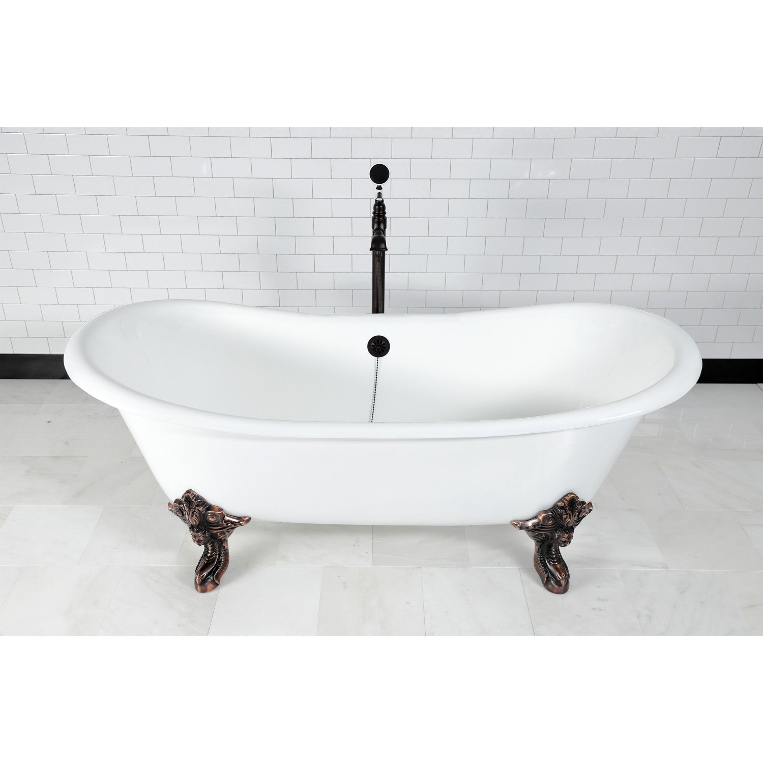 Aqua Eden 72 Inch White Cast Iron Clawfoot Bathtub - Oval Double Slipper Design with Oil Rubbed Bronze Feet | Vintage Freestanding Soaking Tub for Luxury Bathroom & Spa Retreat