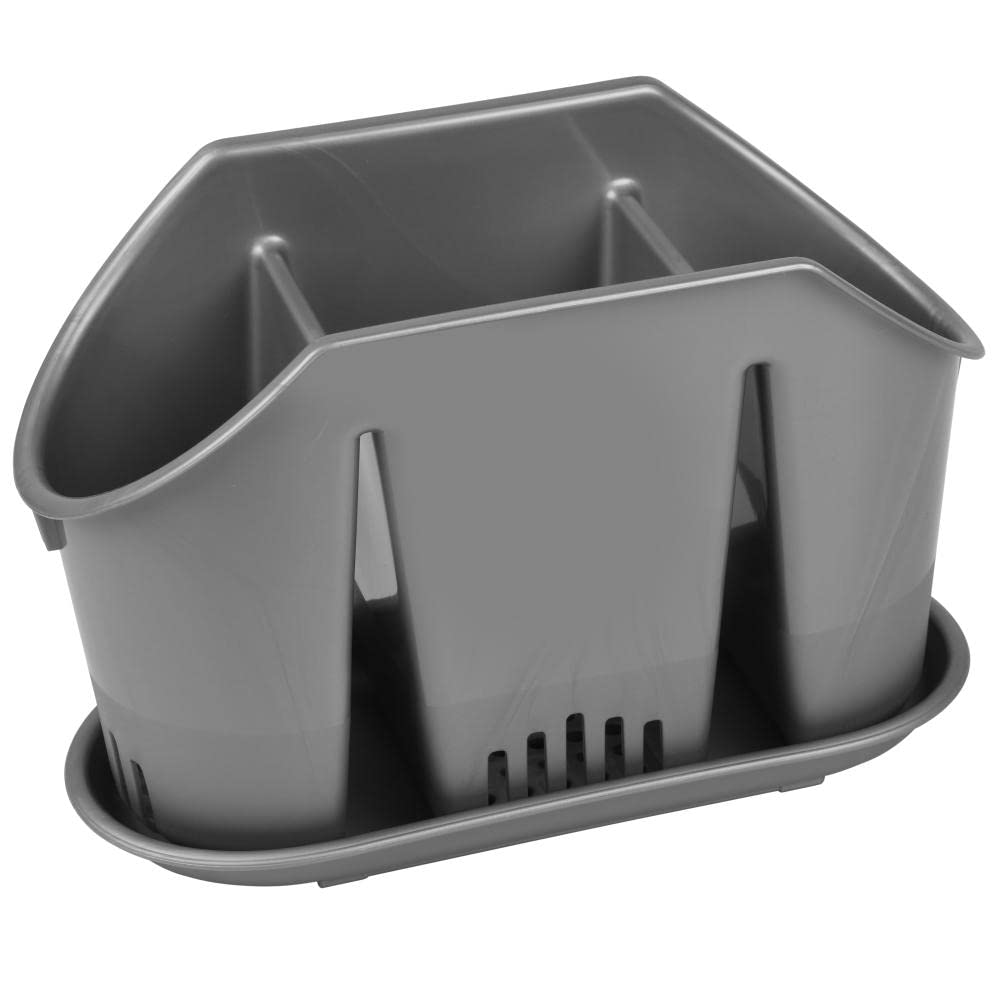 YBM HOME 3-Compartment Cutlery Drying Rack & Storage Holder with Base Tray - Space Saving Kitchen Utensil Organizer for Sink Counter & Dining Table (Grey, 38-1227) - Perfect for Small Kitchens, Dish Drying, and Silverware Storage