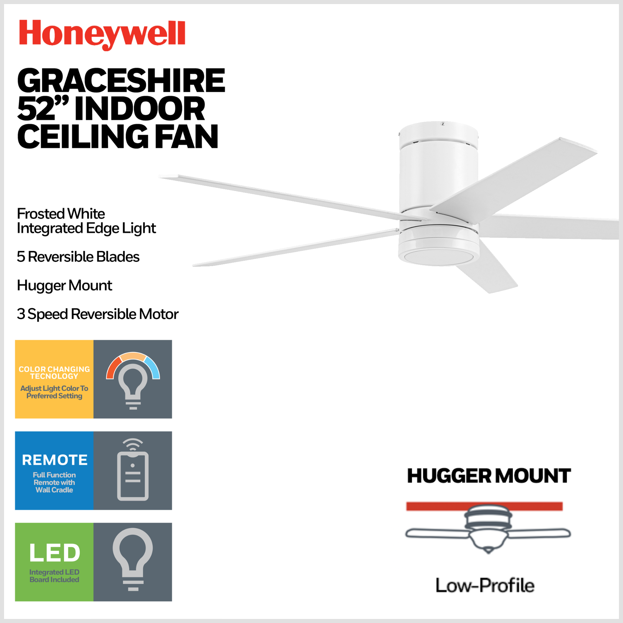 52 Inch Honeywell Graceshire White Ceiling Fan with Light Kit & Remote Control - Perfect for Living Room, Bedroom, and Outdoor Covered Patio