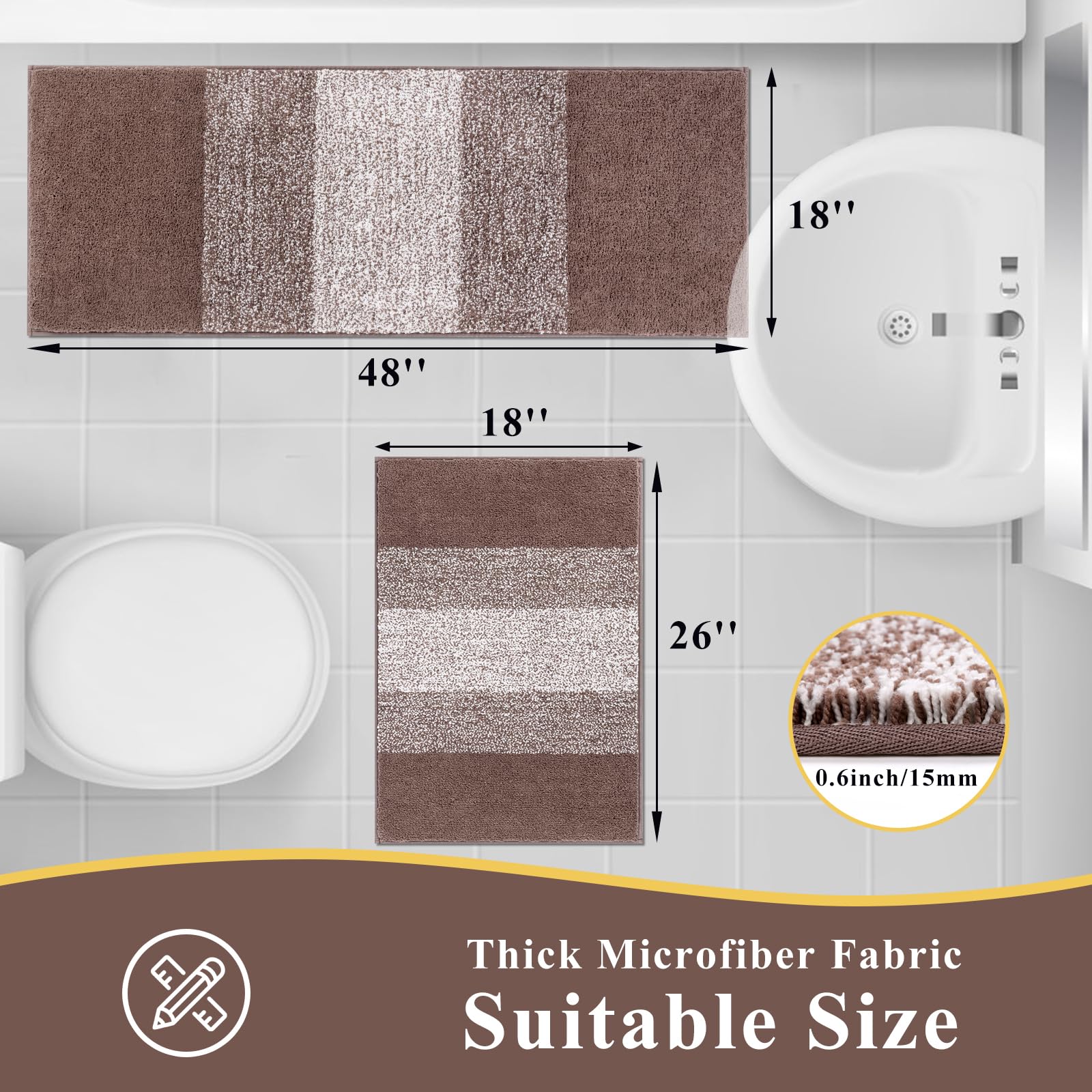 Luxury Soft Bathroom Rugs Set of 2 - Non-Slip Washable Plush Microfiber Bath Mats, Super Absorbent Shaggy Striped Carpet for Tub, Shower & Bathroom (18