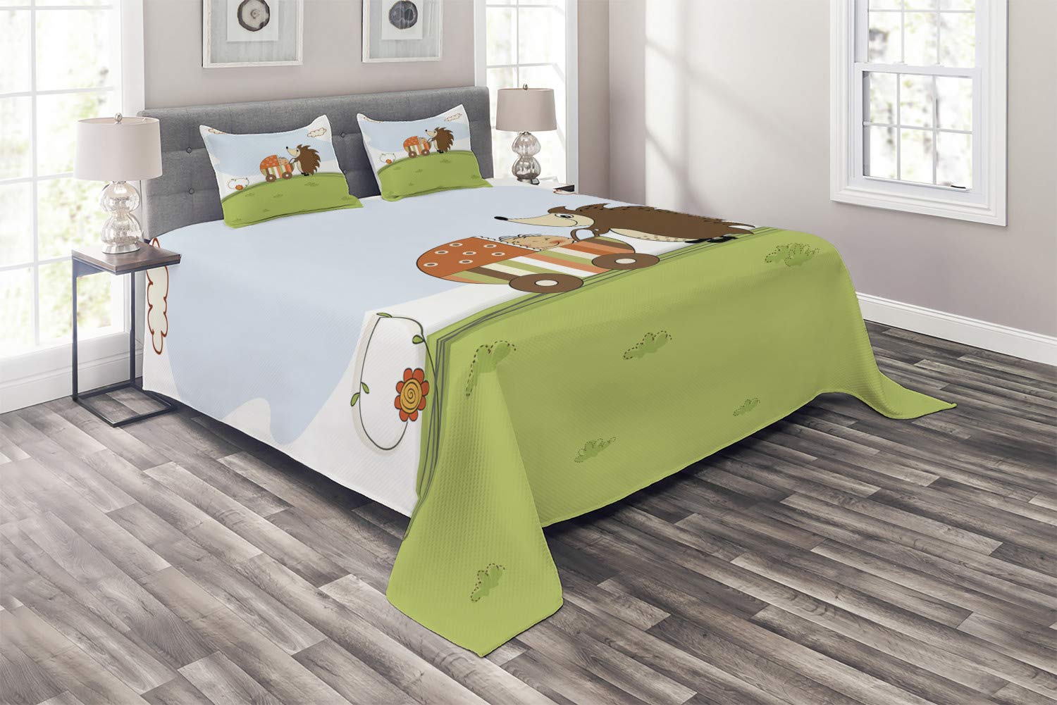 Ambesonne Funny Hedgehog Pushing Stroller Quilted Bedspread Set - 3 Piece King Size Decorative Coverlet with 2 Pillow Shams in Green & Pale Blue | Perfect for Kids' Room, Nursery Decor or Whimsical Bedroom Theme