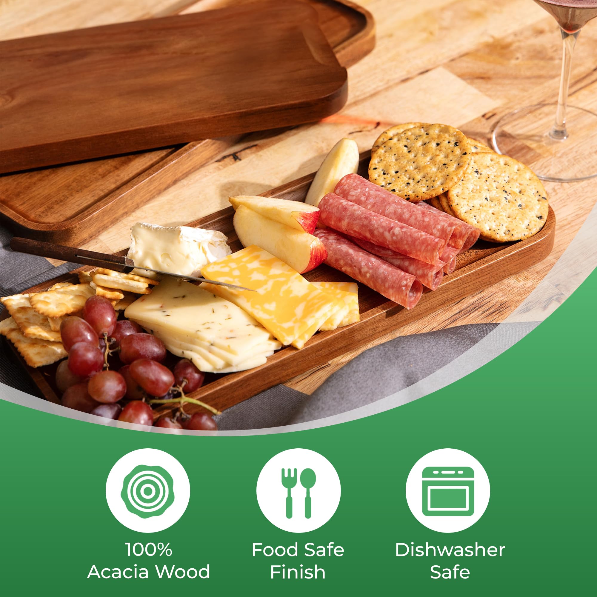 Premium Acacia Wood Serving Trays Set of 3 - 14 x 5.5 Inch Rectangular Wooden Platters for Charcuterie, Cheese, Appetizers | Rustic Food Serving Board for Entertaining, Kitchen, Dining Table & Party Display