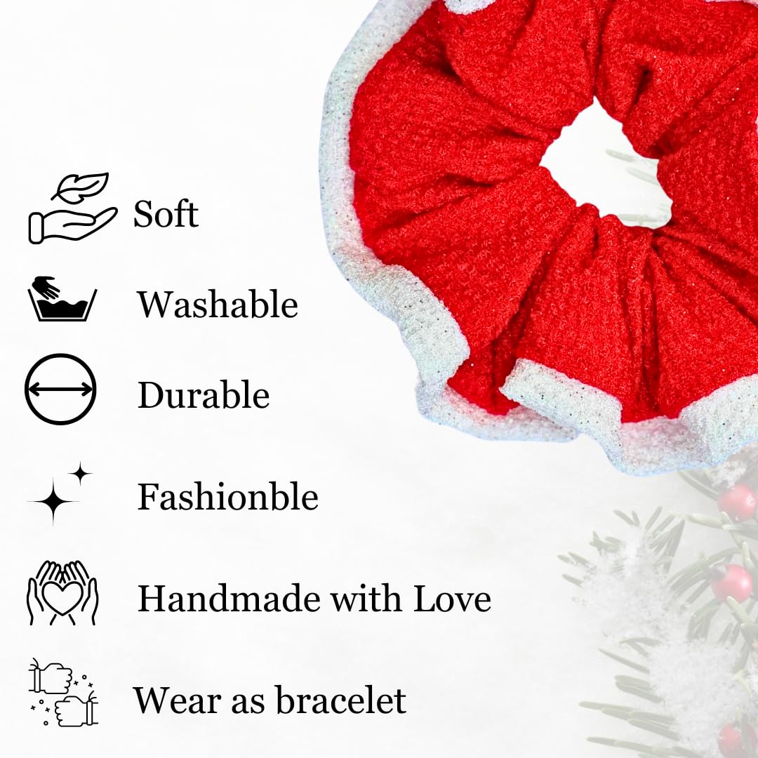 Santa Theme Hair Scrunchies 3-Piece Set for Women - Christmas Ponytail Holders, Red Velvet Scrunchies, Festive Holiday Hair Accessories - Perfect Christmas Gift for Her, Office Party & Family Gatherings