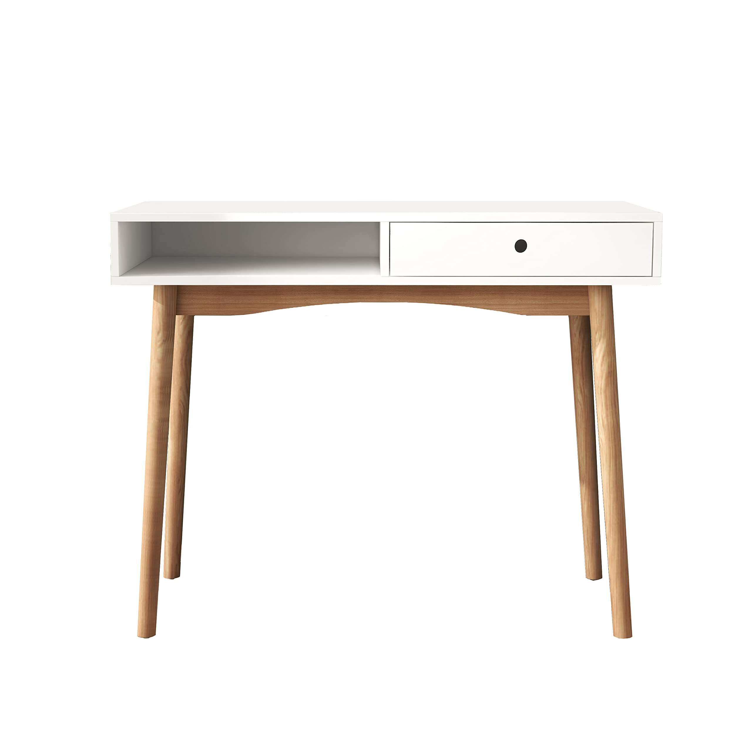 Mid Century Modern Writing Desk with Drawer - Solid Wood Home Office Desk with Sturdy Table Legs in White | Perfect for Small Spaces, Home Office & Study Rooms