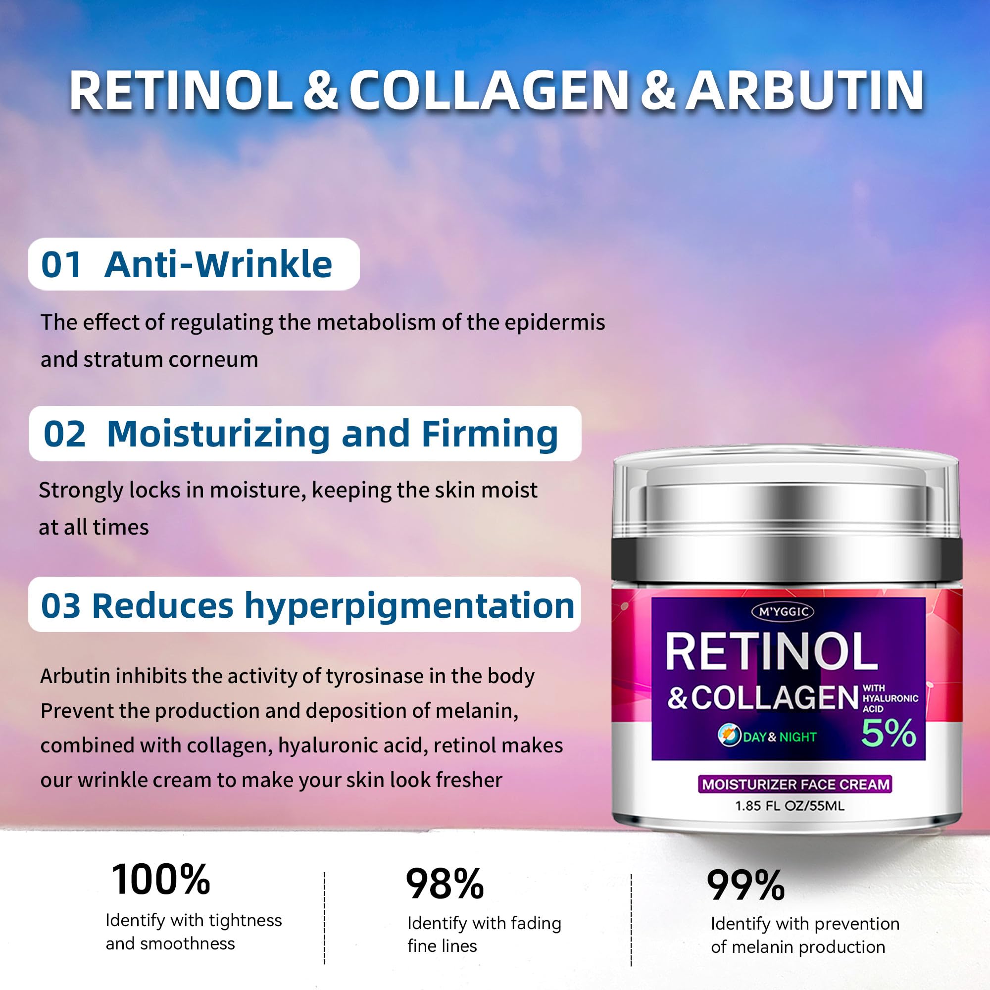 Best Collagen & Retinol Face Cream with Hyaluronic Acid & Arbutin - Anti-Aging Day & Night Moisturizer for Women & Men - Reduces Wrinkles on Face & Neck - 1.85 Fl Oz - Perfect for Daily Skincare Routine & Travel