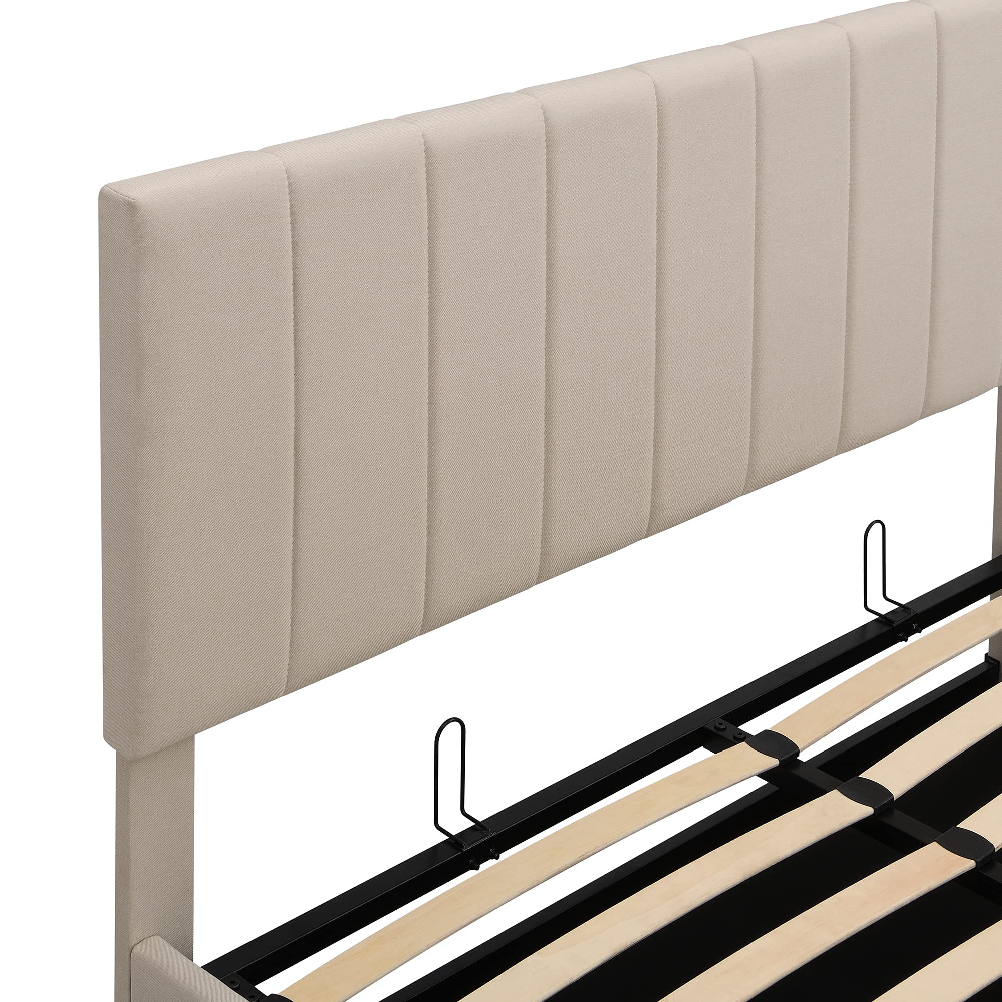 Queen Upholstered Platform Bed with Gas Lift Hydraulic Storage System - Wooden Bed Frame with Headboard, Underbed Storage | Perfect for Small Bedrooms, Guest Rooms & Space-Saving Home Decor (Beige)