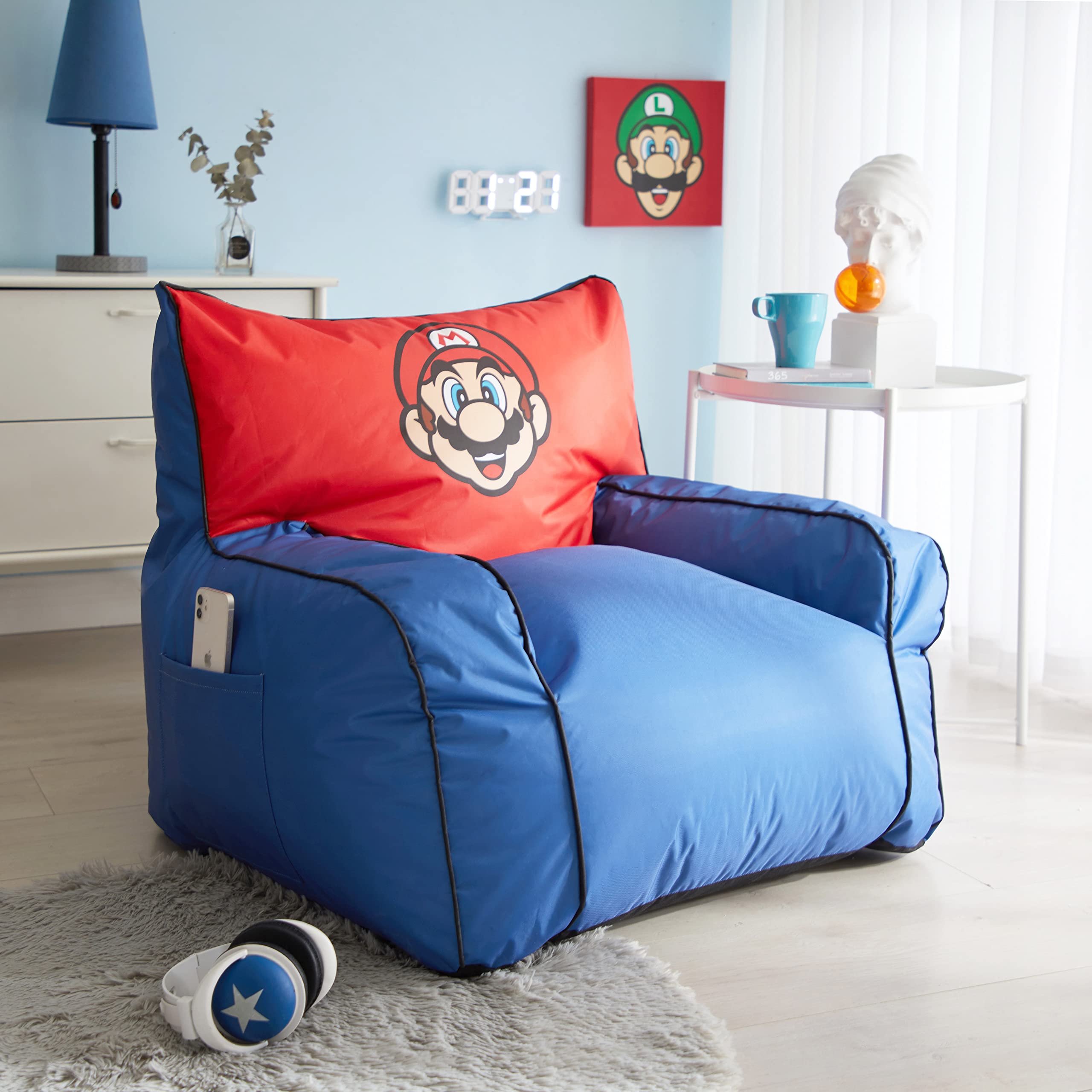 Super Mario Oversized Gaming Bean Bag Chair with Side Pocket - Comfortable Video Game Chair for Kids & Adults - Perfect for Gaming Rooms, Bedrooms & Lounges