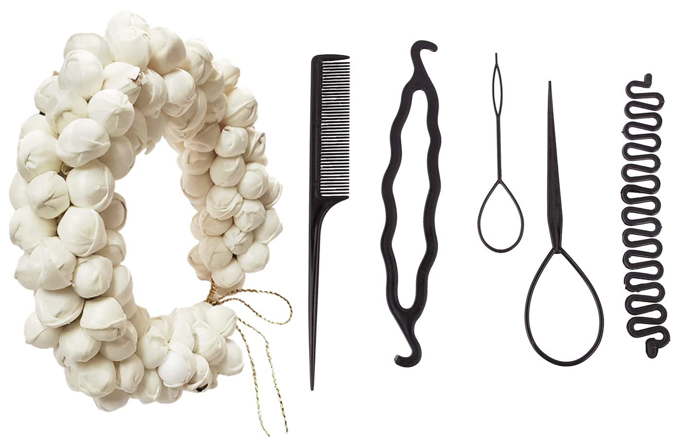 Artificial Hair Gajra for Women - Stylish White Mogra Jasmine Flower Hair Accessories | South Indian Traditional Bun Maker & 5-Piece Braid Extension Set | Perfect for Weddings, Festivals & Cultural Events