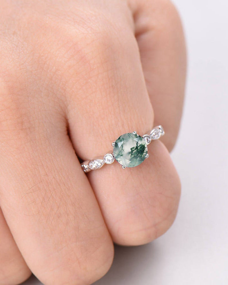 Exquisite Moss Agate & Diamond Solitaire Engagement Ring in 14K White Gold – Perfect for Proposals, Weddings & Anniversary Gifts