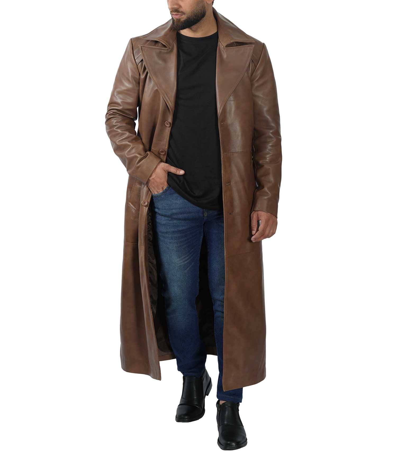 Genuine Lambskin Leather Trench Coat for Men - Full Length Peacoat Winter Jacket | Premium Real Leather Long Coat | Perfect for Formal Events, Business Meetings & Cold Weather Protection