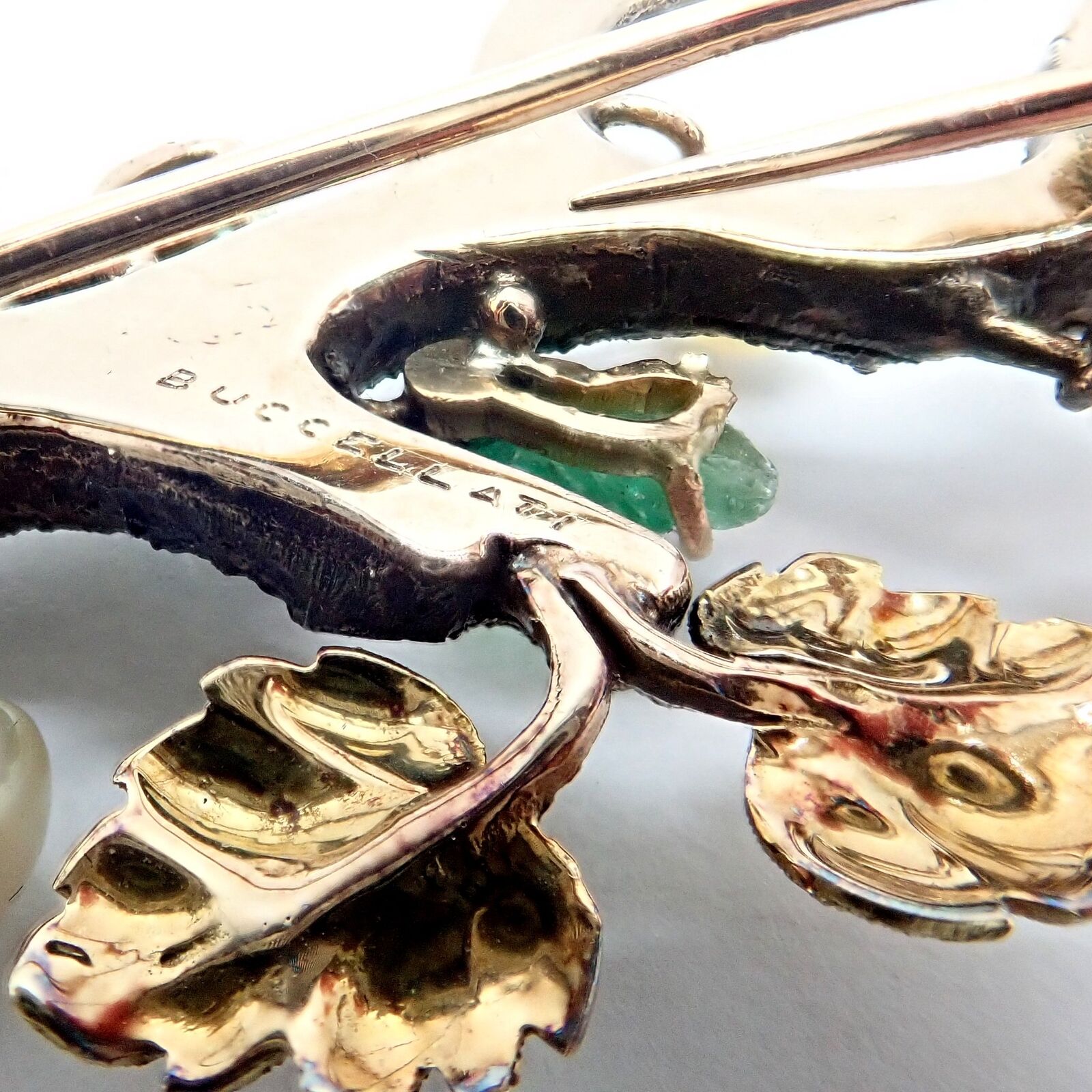 Vintage Buccellati 18K White & Yellow Gold Carved Emerald Branch Brooch Pin - Elegant Jewelry for Women, Perfect for Weddings, Parties & Special Occasions