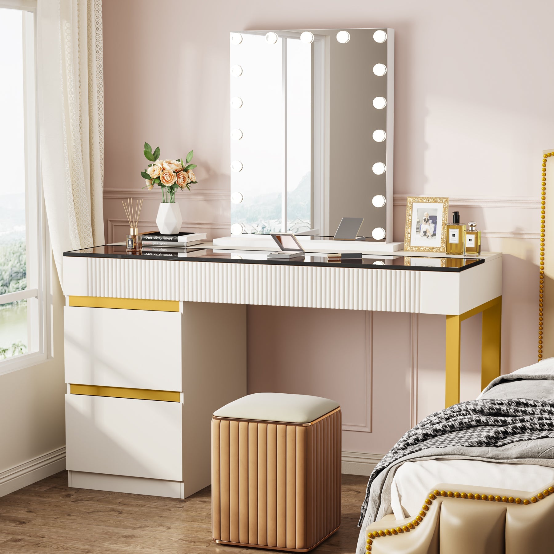 4 Drawer Makeup Vanity with Glass Top - Modern Dressing Table for Bedroom & Bathroom (No Mirror Included) - Perfect for Cosmetics Storage & Beauty Organization