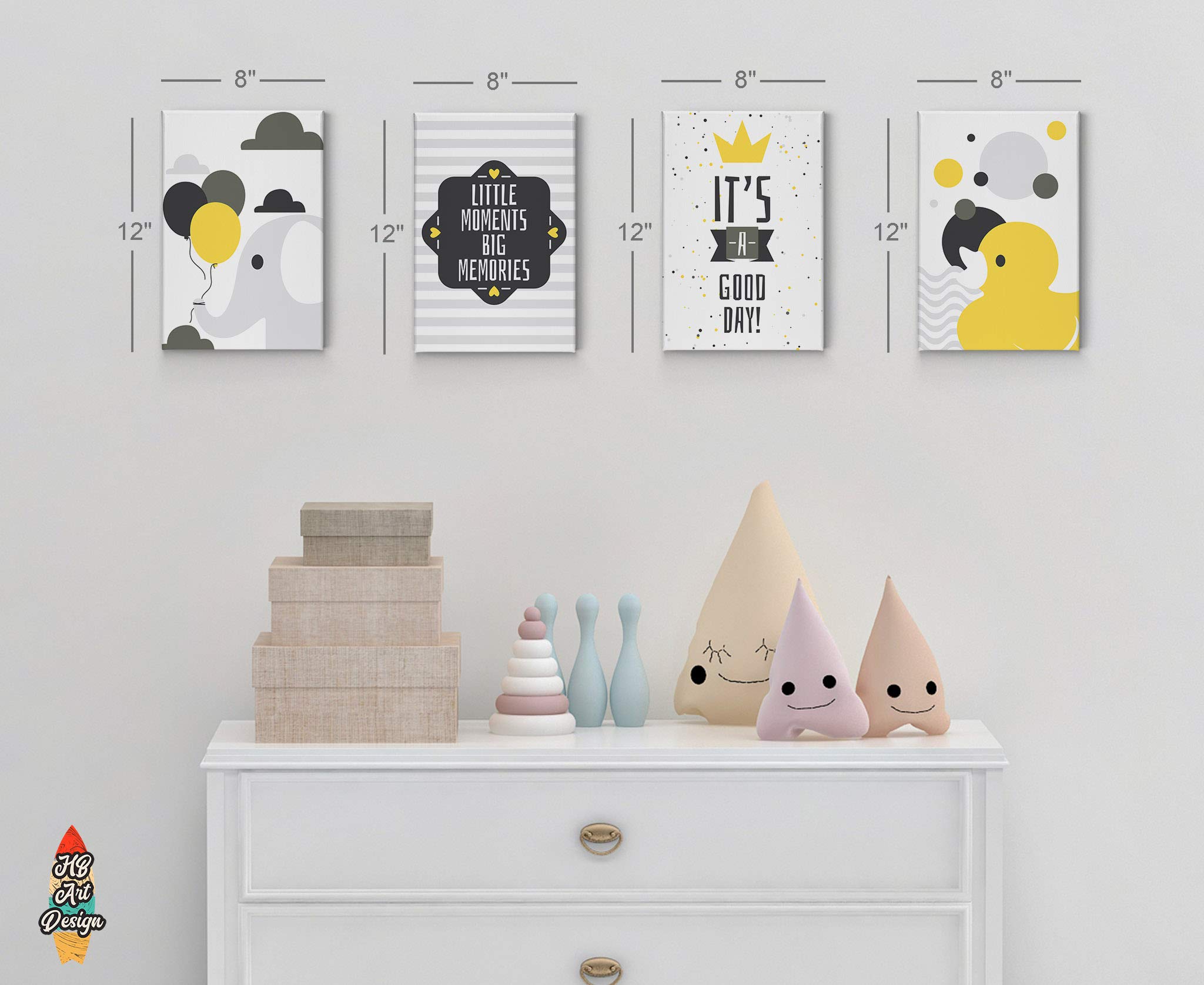 HB Art Design Elephant & Chick Motivational Wall Art - 4 Panel Canvas Print Set for Nursery, Baby Girl & Boy Room, Kids Room & Home Decor - 100% Handmade in USA (40x30 inches x4) - Perfect for Nursery Themes, Birthday Gifts & Wall Decoration