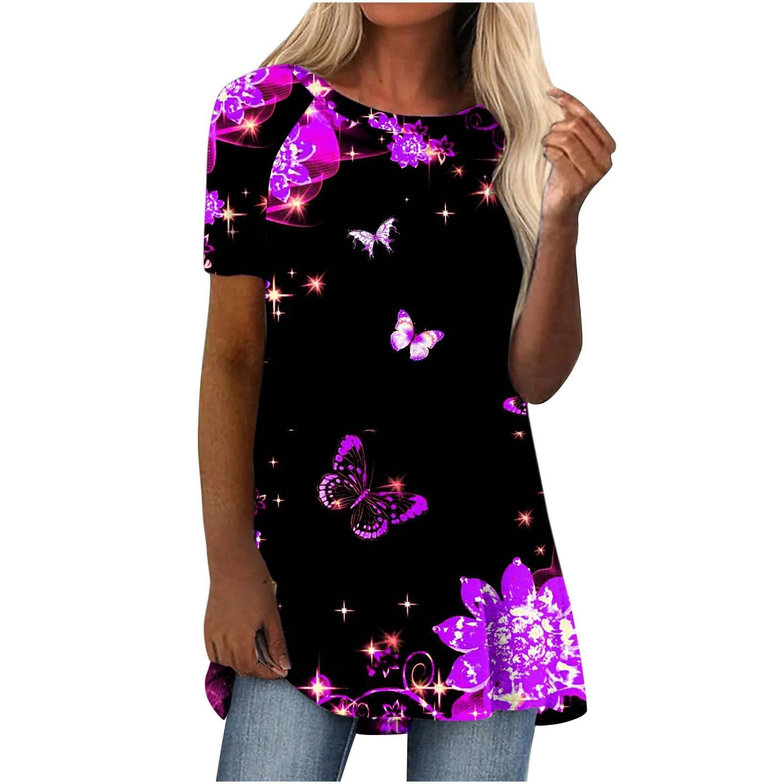 Plus Size Fashion Tunic Tops for Women - Oversized Butterfly Graphic Tee Shirt, Short Sleeve Loose Blouse - Perfect for Casual Wear, Summer Outfits & Layering