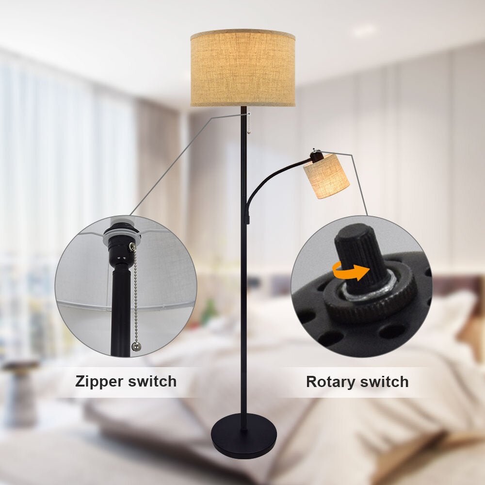 Modern Rustic Tall Pole Floor Lamp with 2 Adjustable Heads - Mother & Child Design, Fabric Drum Shade, 3000K Warm White Eye-Care LED Bulb Included - Perfect for Living Room, Bedroom, Study & Reading Nook