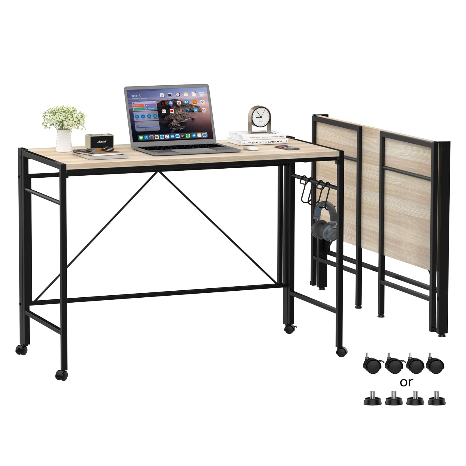 Space Saving Folding Desk with Wheels - Portable Computer Laptop Table with 2 Hooks & Adjustable Feet for Home Office, Study, Bedroom - Compact 50 x 110 x 75 cm Beige Workstation - Perfect for Small Spaces, Dorm Rooms & Mobile Workspaces