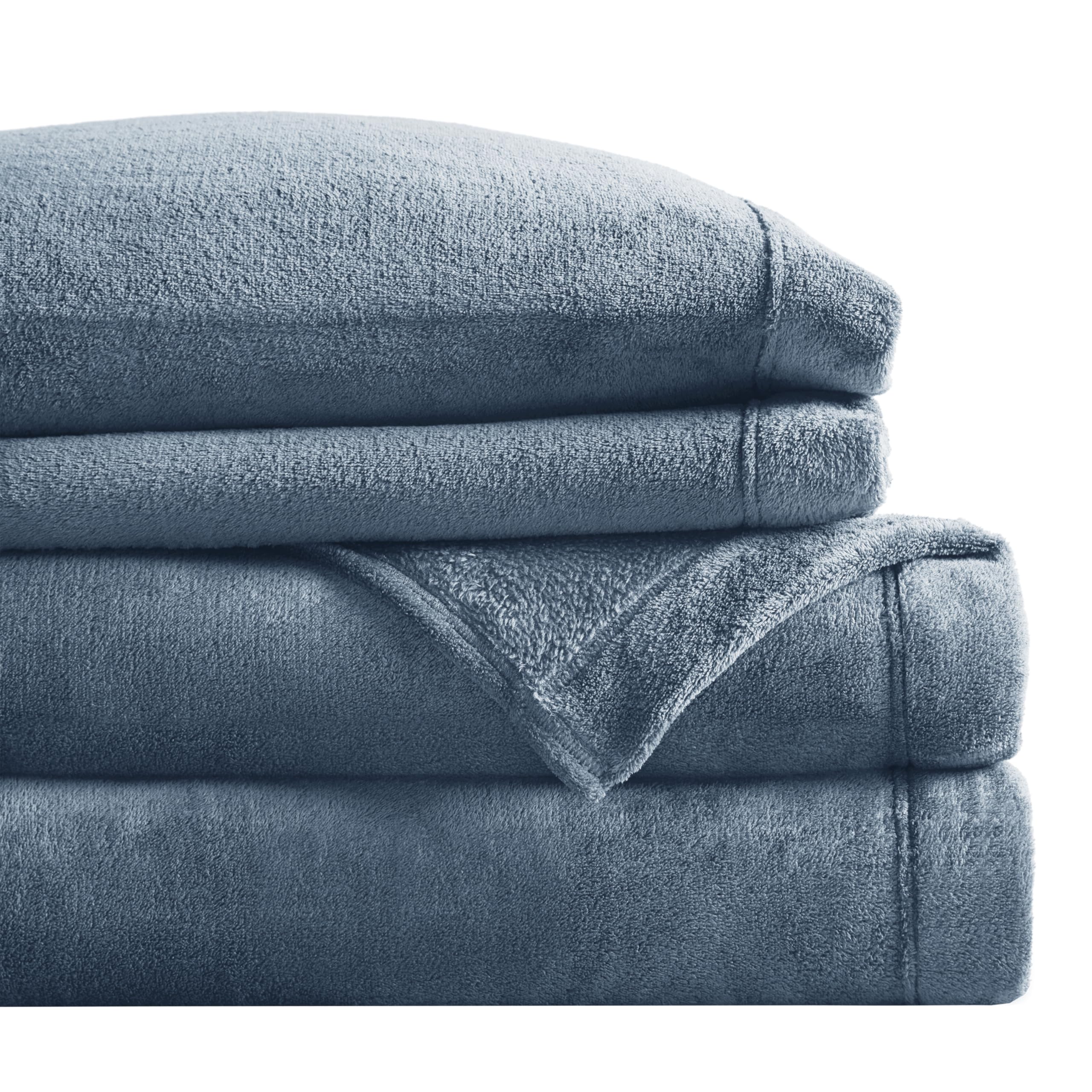 True North by Sleep Philosophy 4-Piece Plush Sheet Set - Queen Size, Solid Blue, Ultra Soft & Warm Bedding, Fitted Pocket Fits 16