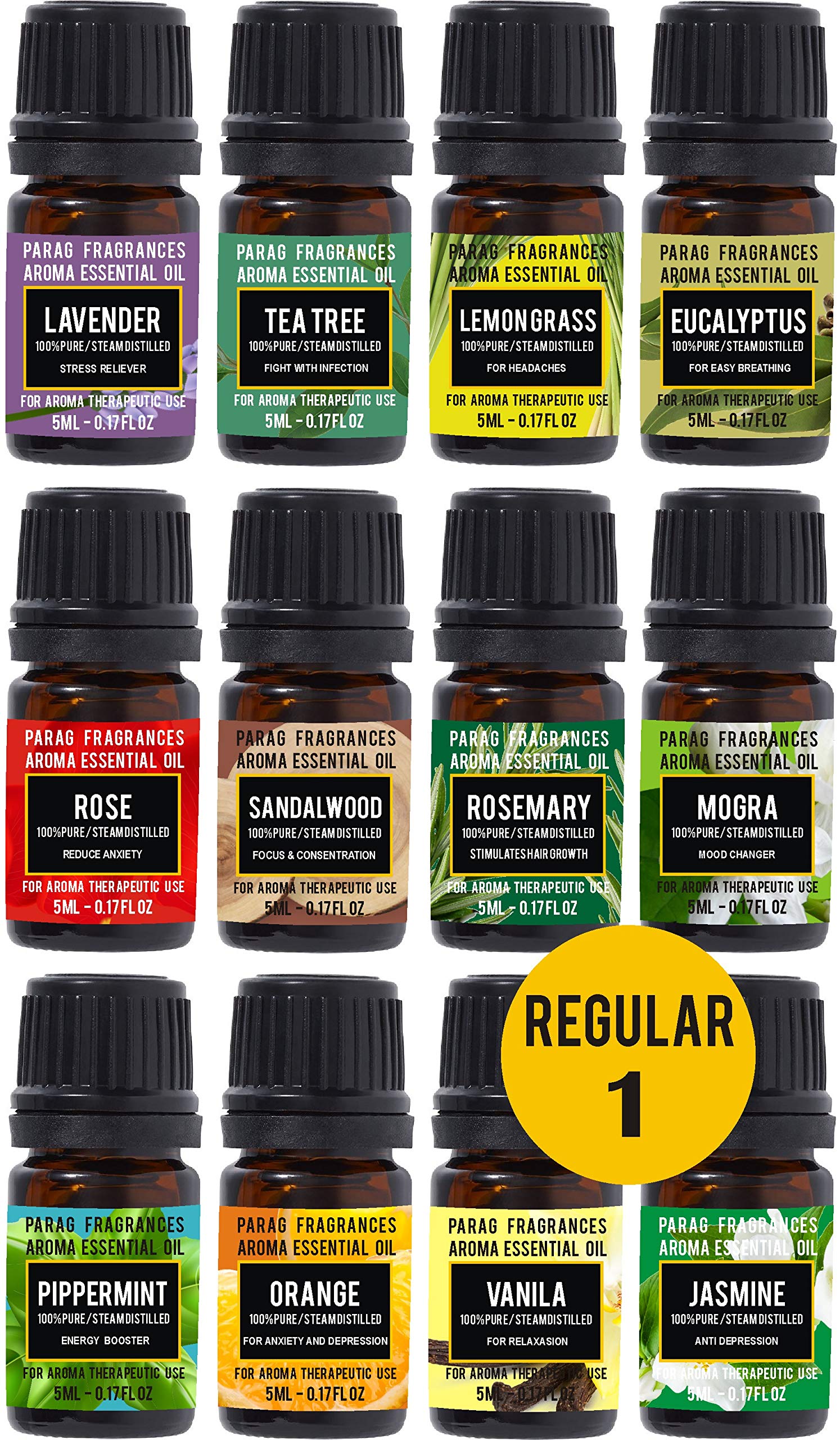 12-in-1 Parag Fragrances Essential Oil Set - Strawberry, Rosemary, Mango, Lavender, Tea Tree, Pineapple, Daisy, Lemon, Green Apple, Chocolate, Orange & Cherry | Aromatherapy, Diffuser, Massage & DIY Beauty | Perfect for Home Spa, Relaxation & Gift Giving