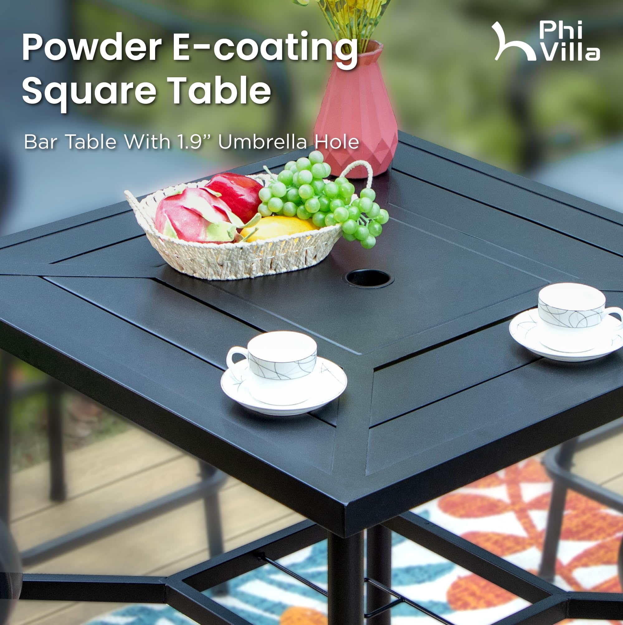 PHI VILLA 5-Piece Outdoor Bar Height Dining Set - 4 Swivel Bar Stools & Large Metal Table for Patio, Backyard, Deck or Garden - Perfect for Entertaining Guests Al Fresco