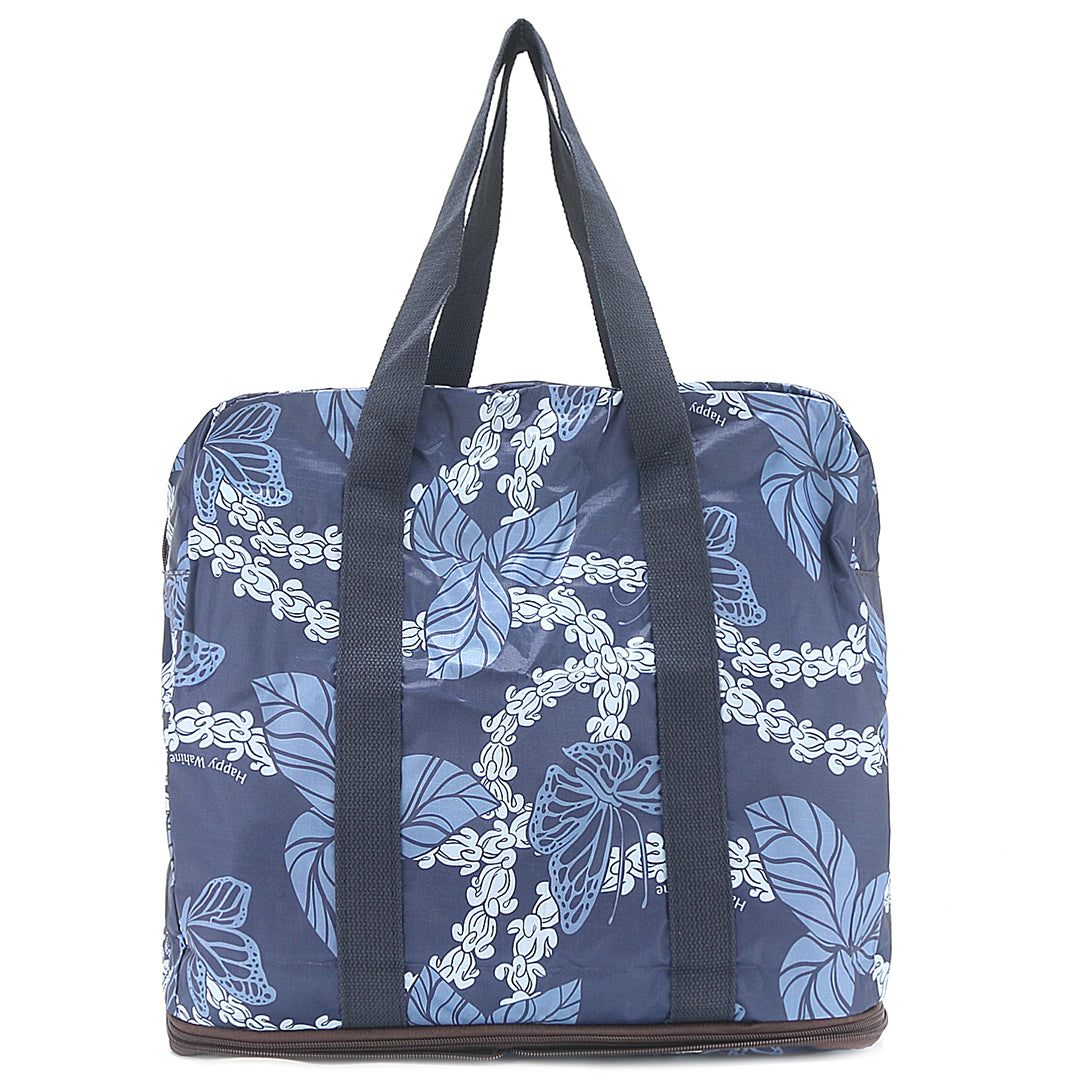 Foldable Duffle Bag for Travel & Gym - Waterproof Carry On Luggage with Shoulder Strap - Sophie Butterfly Lei Navy Design - Perfect for Weekend Getaways, Sports & Business Trips