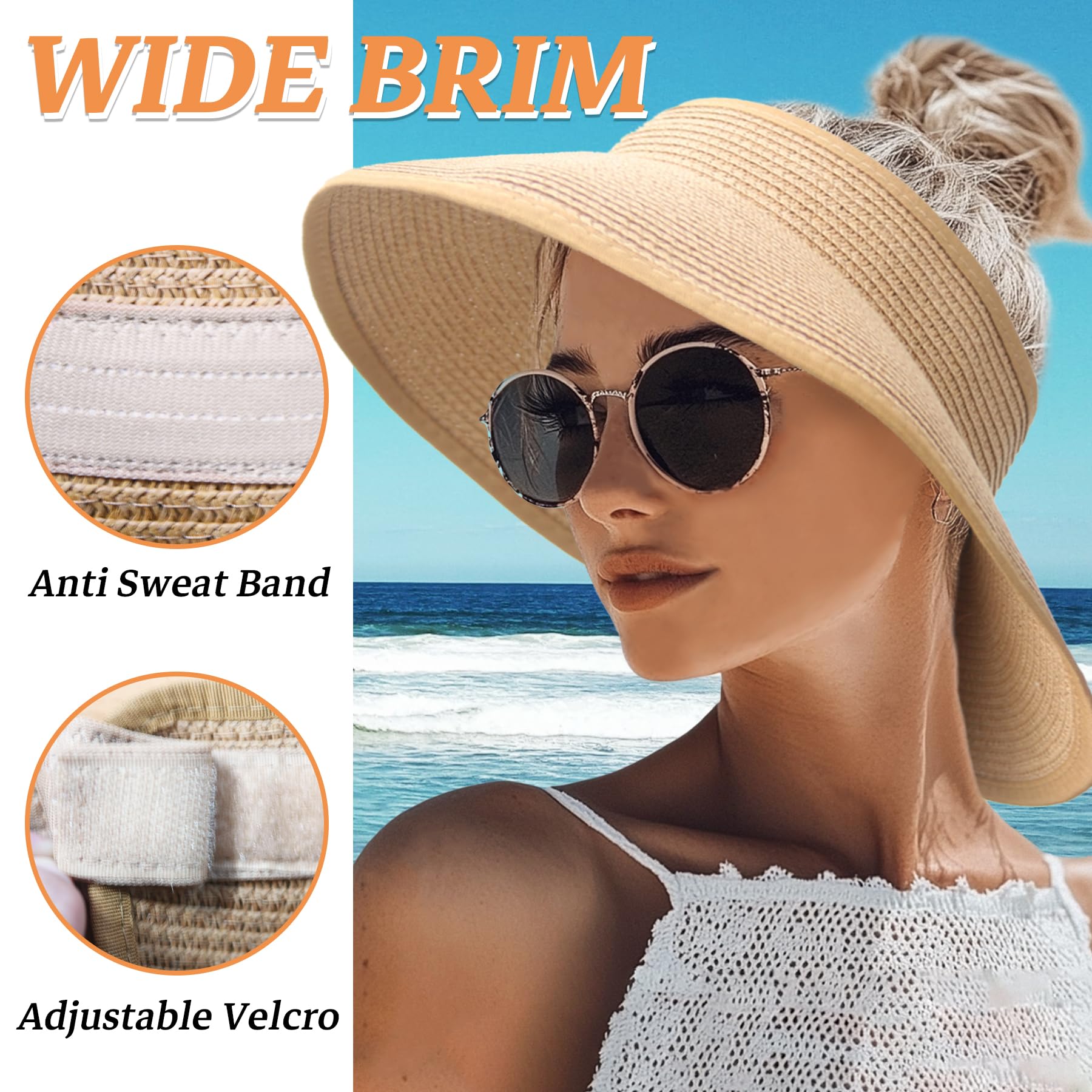 Women's Wide Brim Straw Sun Hat - Foldable Roll Up UV Protection Beach Visor with Ponytail Hole - Perfect for Summer, Travel, and Outdoor Activities