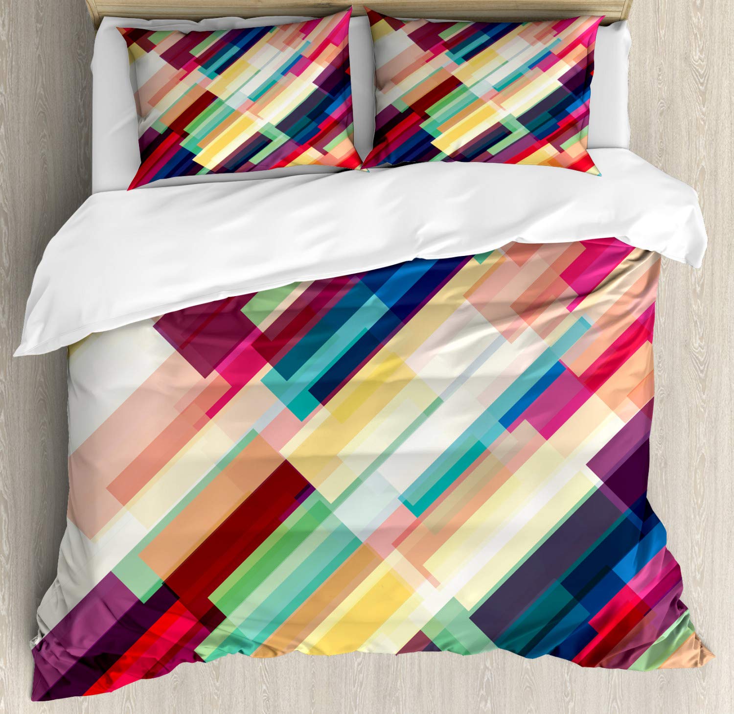 Ambesonne Futuristic Geometric Duvet Cover Set - King Size 3-Piece Bedding with Colorful Stripes & Modern Abstract Design | Perfect for Contemporary Bedrooms, Guest Rooms & Dorm Decor