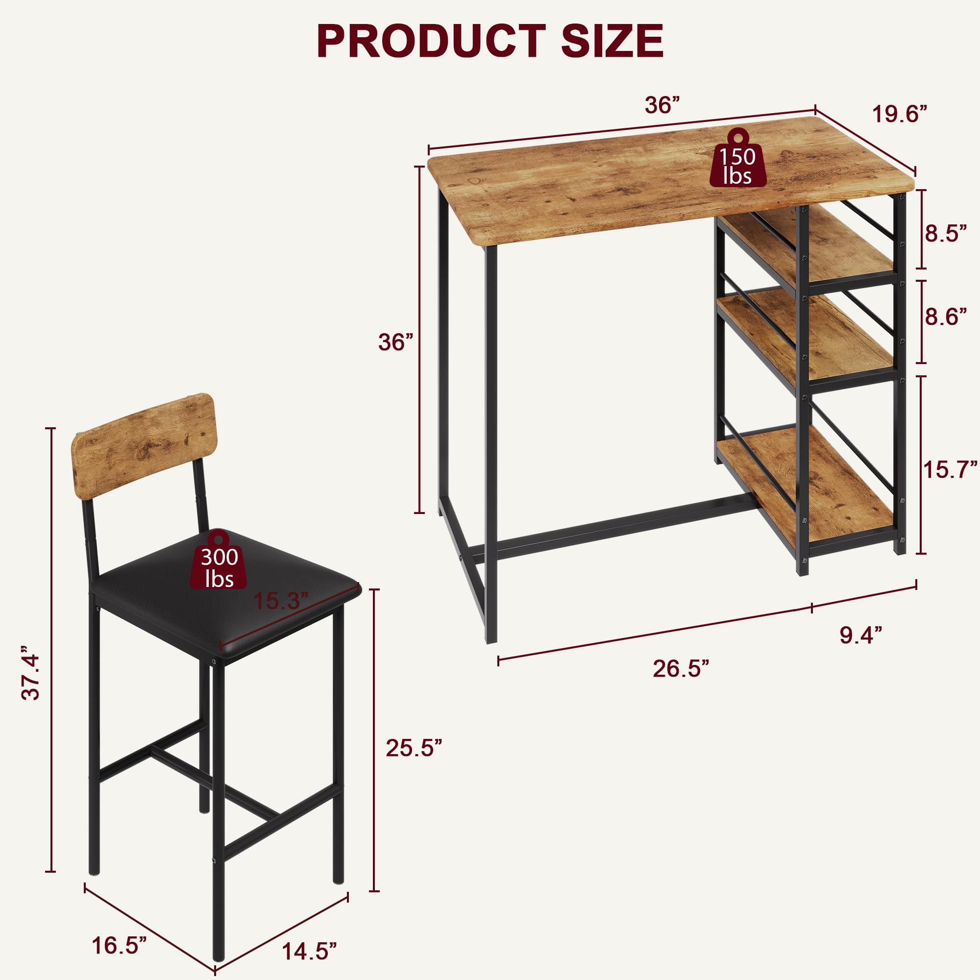 **IDEALHOUSE 2-Piece Kitchen Table Set with Storage Shelf & Upholstered Chairs - Rustic Brown Dining Table for Small Spaces, Apartments - Perfect for Breakfast Nooks, Studio Dining, and Cozy Meals**