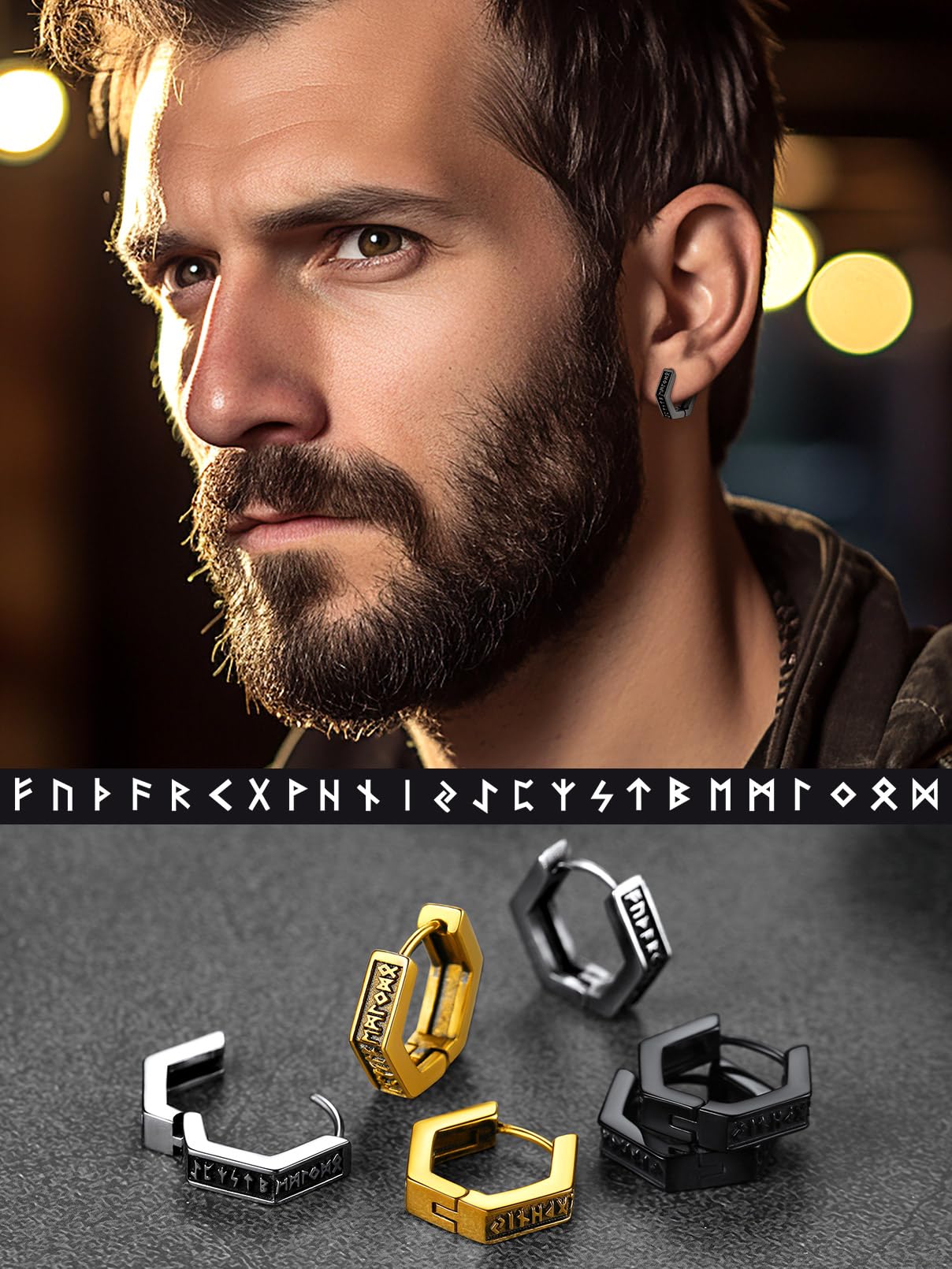 FaithHeart Norse Viking Runes Hoop Earrings for Men - Hypoallergenic Stainless Steel Punk Huggie Earrings - Norse Mythology Jewelry Gifts with Delicate Packaging - Perfect for Viking Lovers, Cosplay & Everyday Wear