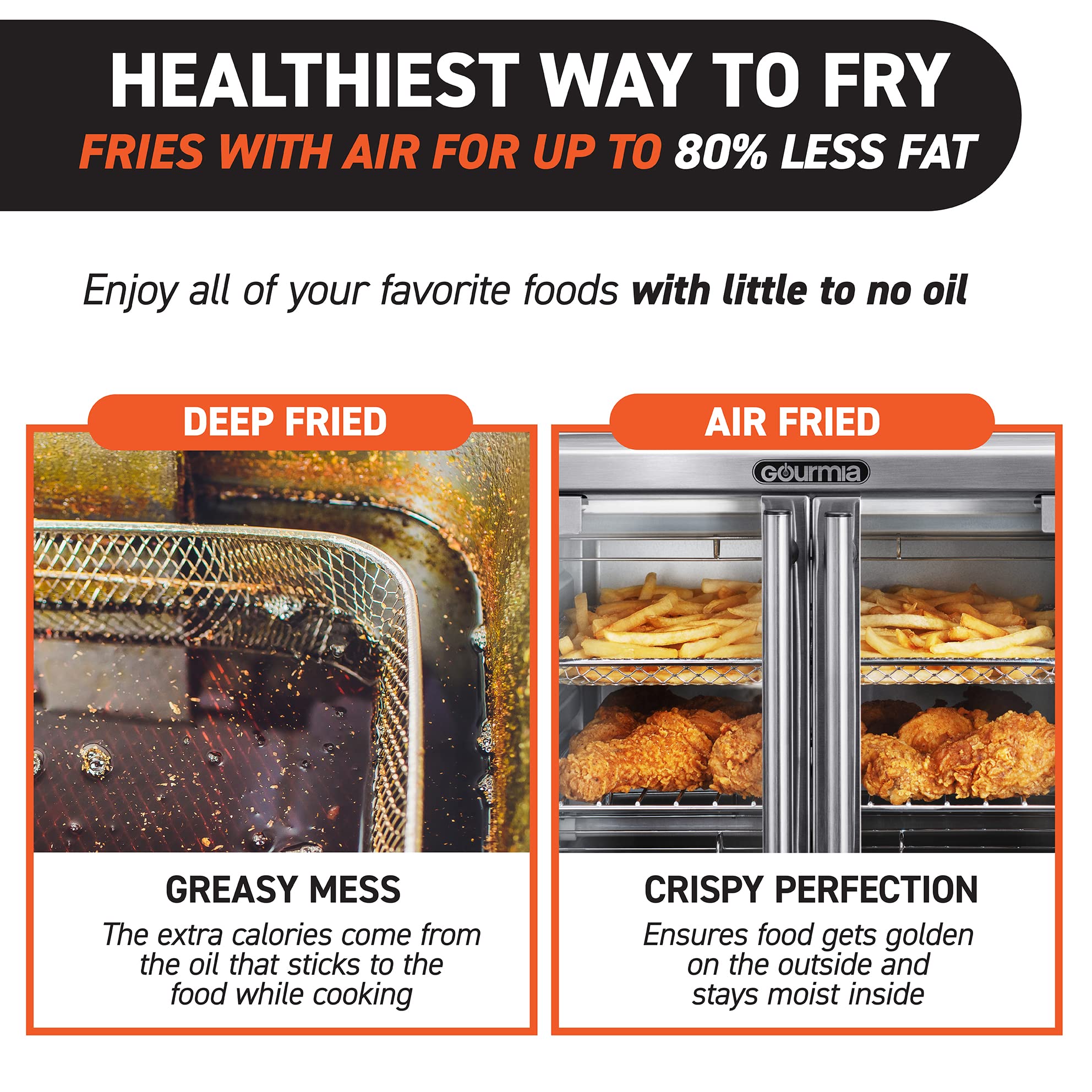 Gourmia GTF7655 17-in-1 Digital Air Fryer Oven with French Door - 6-Slice Capacity, Stainless Steel - Perfect for Baking, Roasting & Air Frying - Ideal for Family Meals & Healthy Cooking