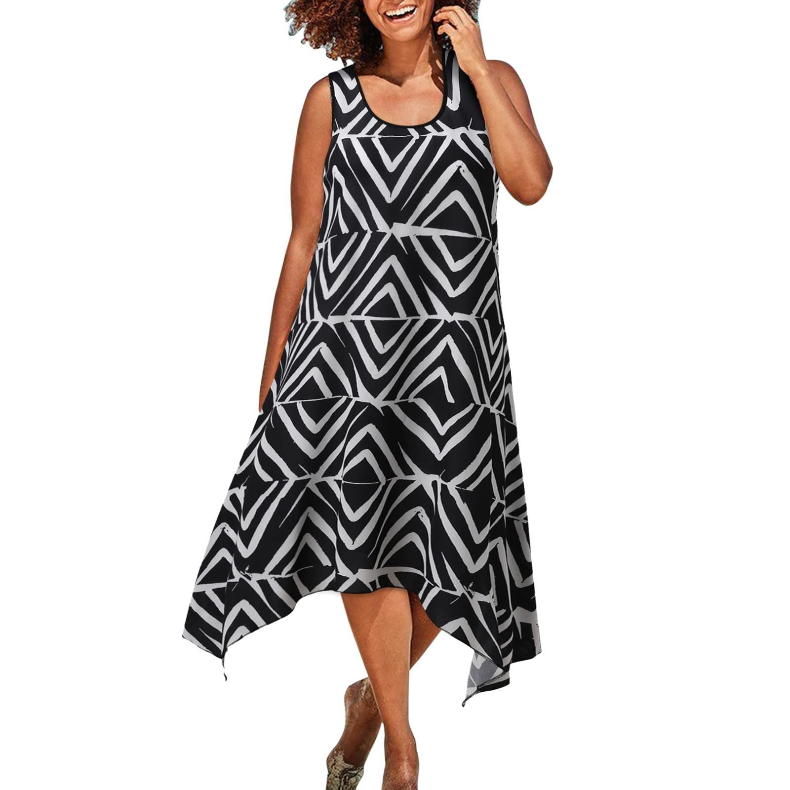 Women's Summer Printed Casual Suspender Beach Dress - Round Neck Sleeveless Flowy Sundress for Vacation, Pool Party & Outdoor Date Night