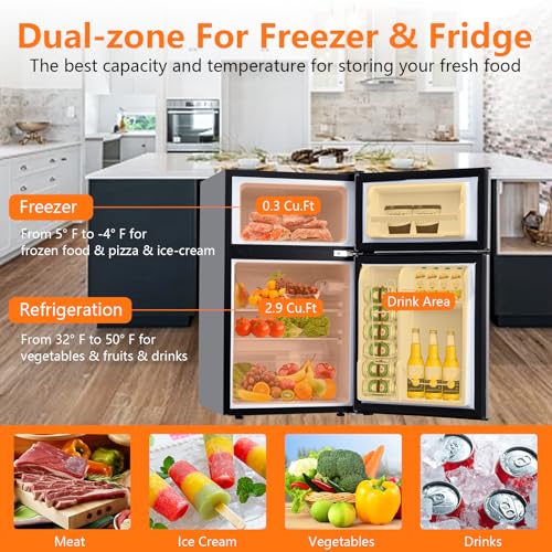 GARVEE 3.2 Cu Ft Compact Refrigerator with Double Door - 5 Temperature Settings for Dorm Room, Office, Bedroom & Small Spaces - Energy Efficient Mini Fridge for Beverages, Snacks & Skincare
