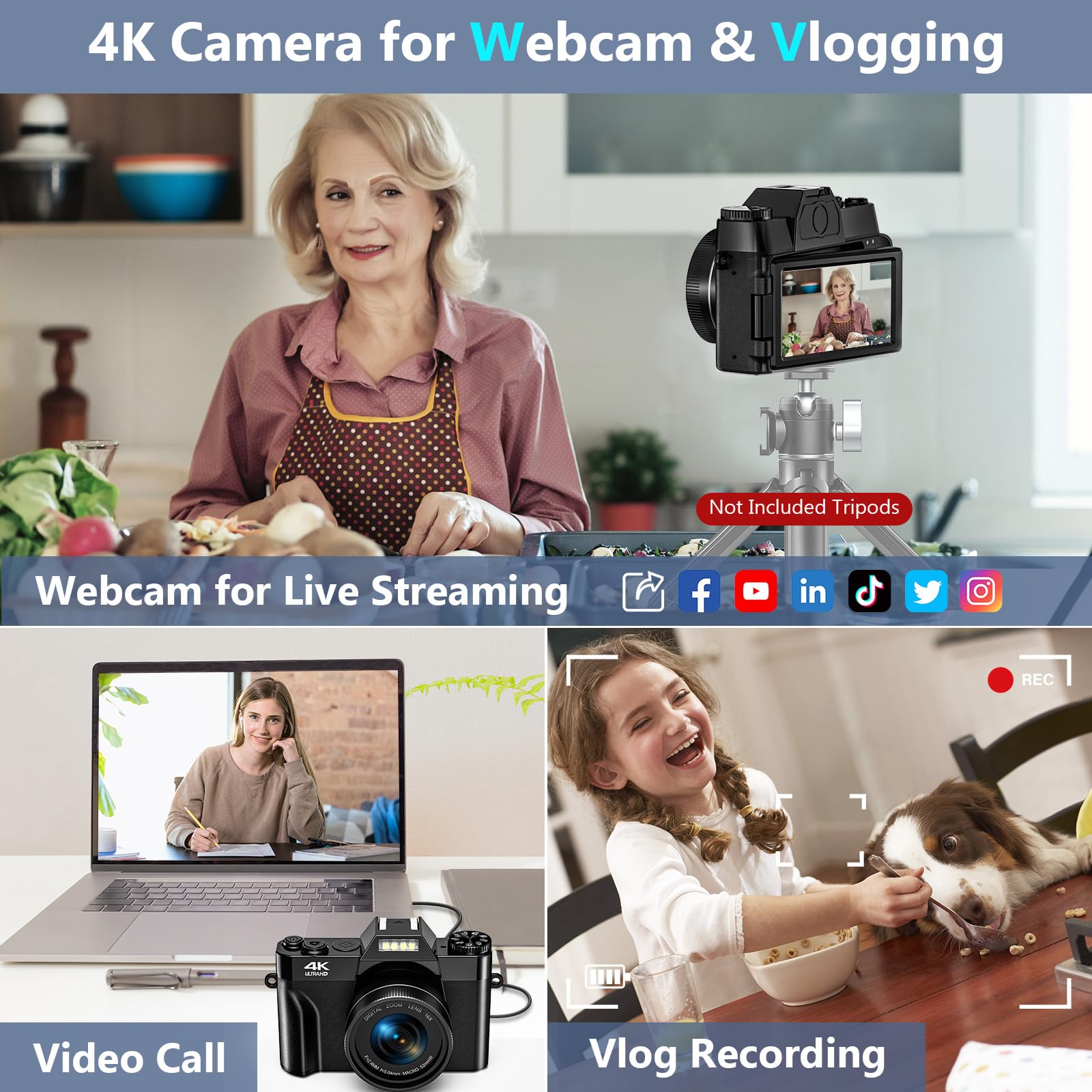 4K Digital Camera with AutoFocus & 16X Zoom - 56MP Vlogging Camera for YouTube, 3.0